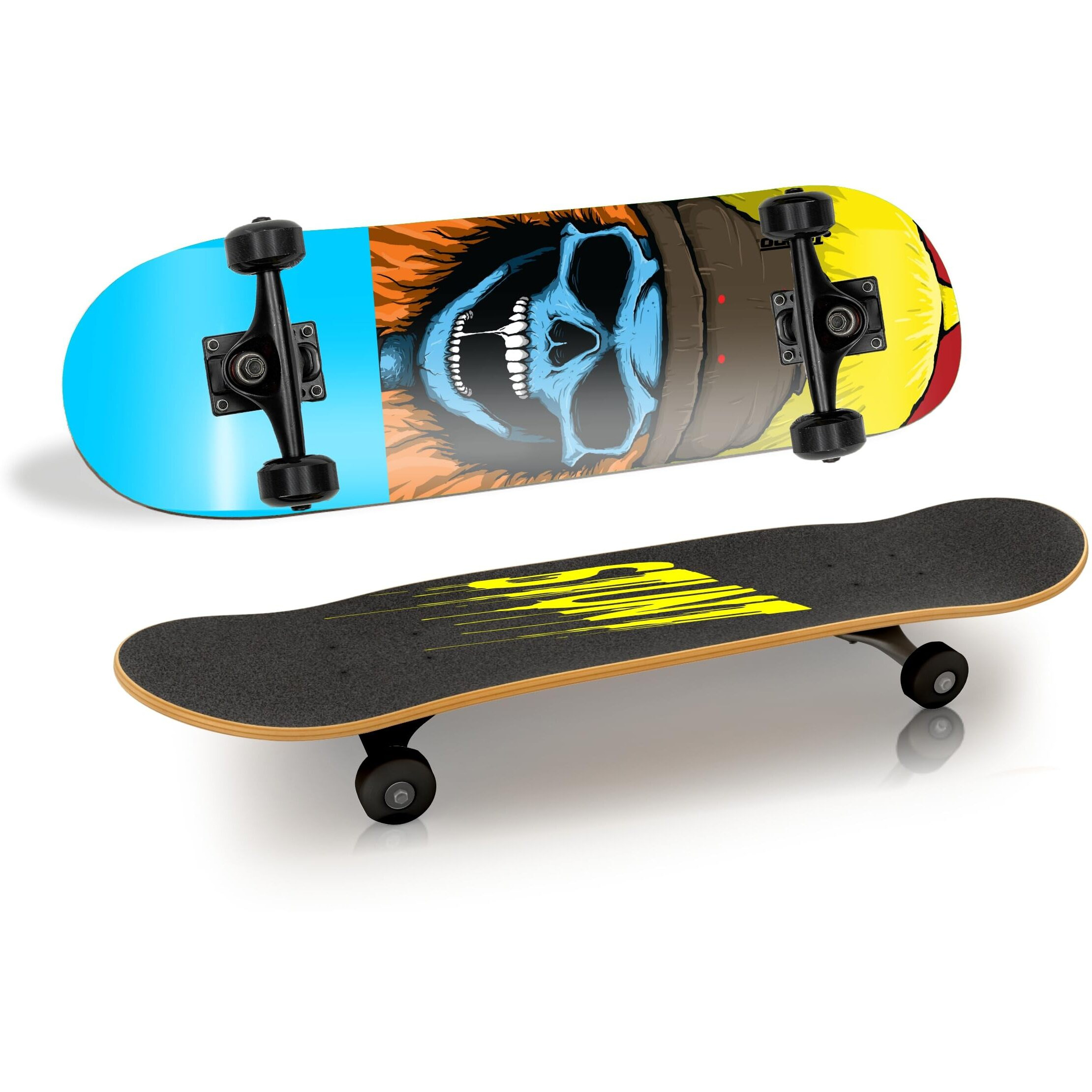 Jaspo Experts 26  x 7.5  Canadian Maple Premium Skateboard for Junior Riders with Fibre Trucks and PU Wheels (Black Blue -UV Print)