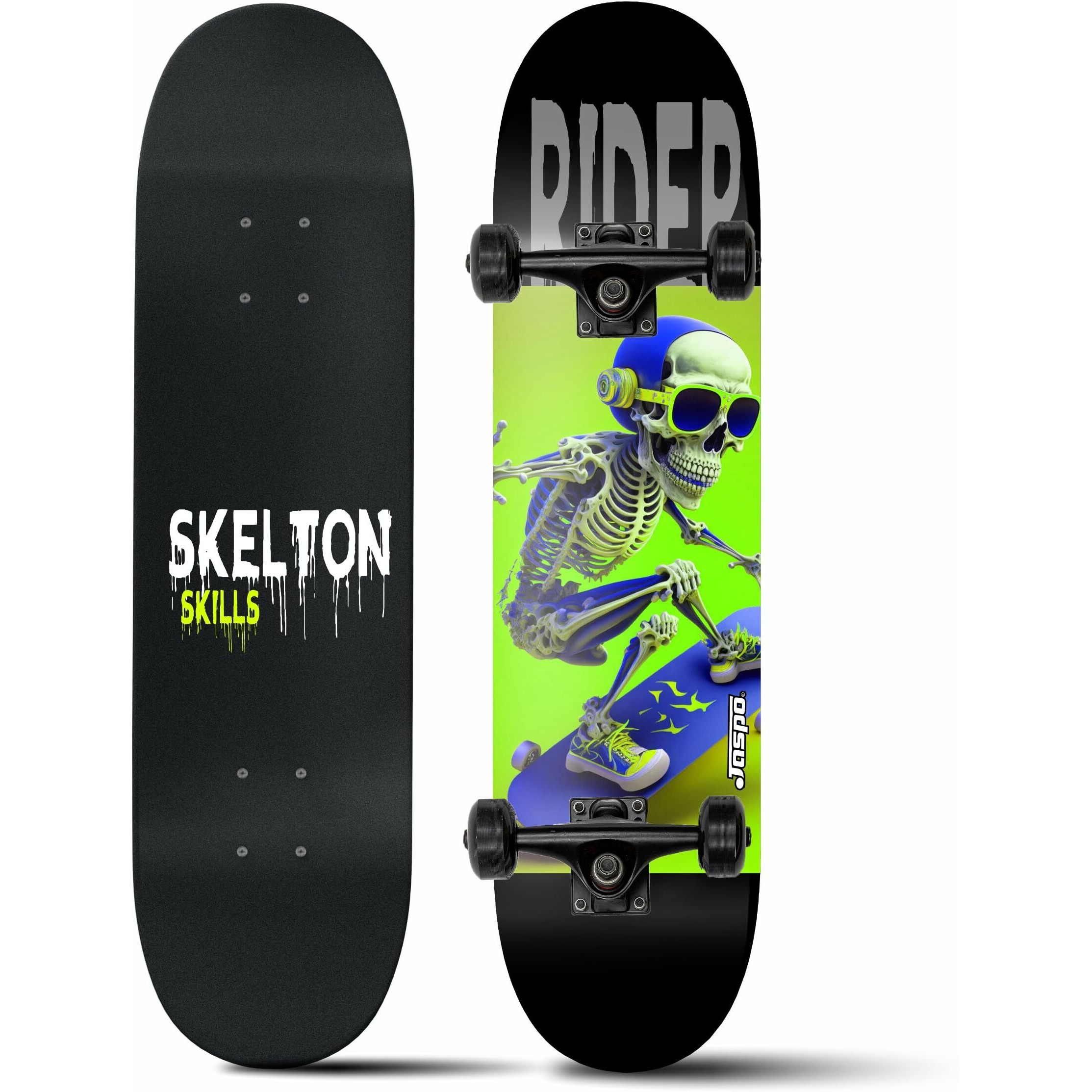 Jaspo Experts 26  x 7.5  Canadian Maple Premium Skateboard for Junior Riders with Fibre Trucks and PU Wheels (Black Colour UV Print Design)