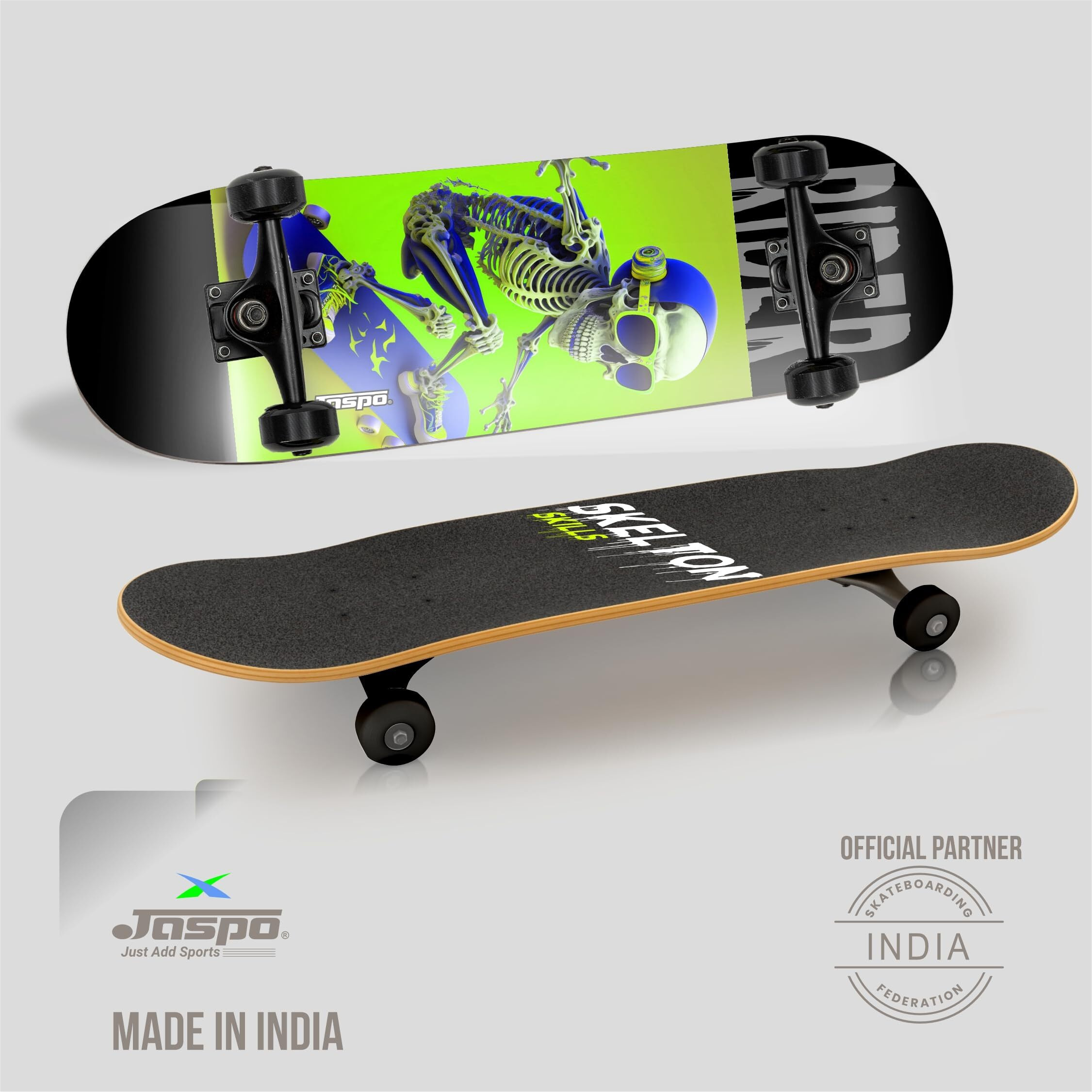 Jaspo Experts 26  x 7.5  Canadian Maple Premium Skateboard for Junior Riders with Fibre Trucks and PU Wheels (Black Colour UV Print Design)
