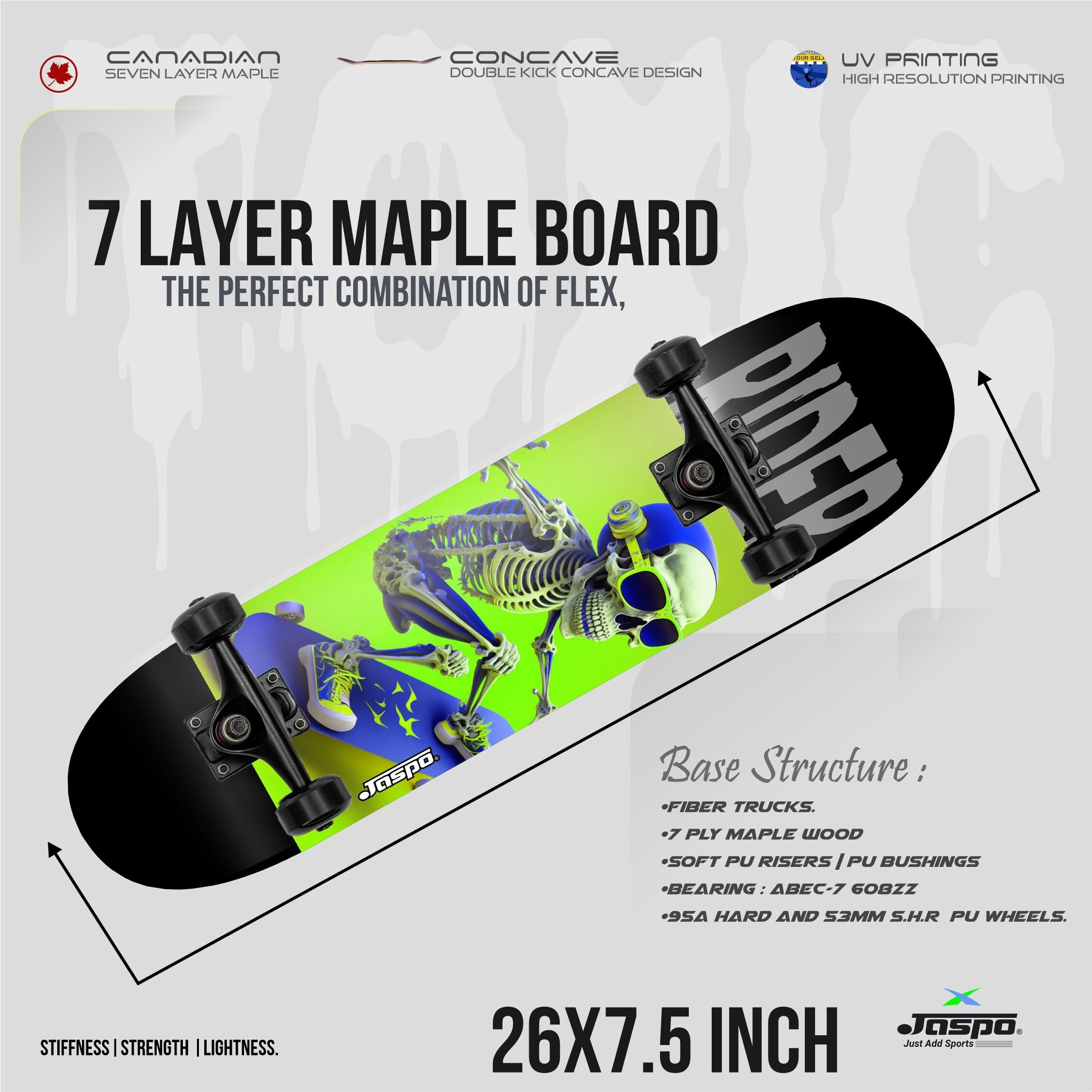Jaspo Experts 26  x 7.5  Canadian Maple Premium Skateboard for Junior Riders with Fibre Trucks and PU Wheels (Black Colour UV Print Design)