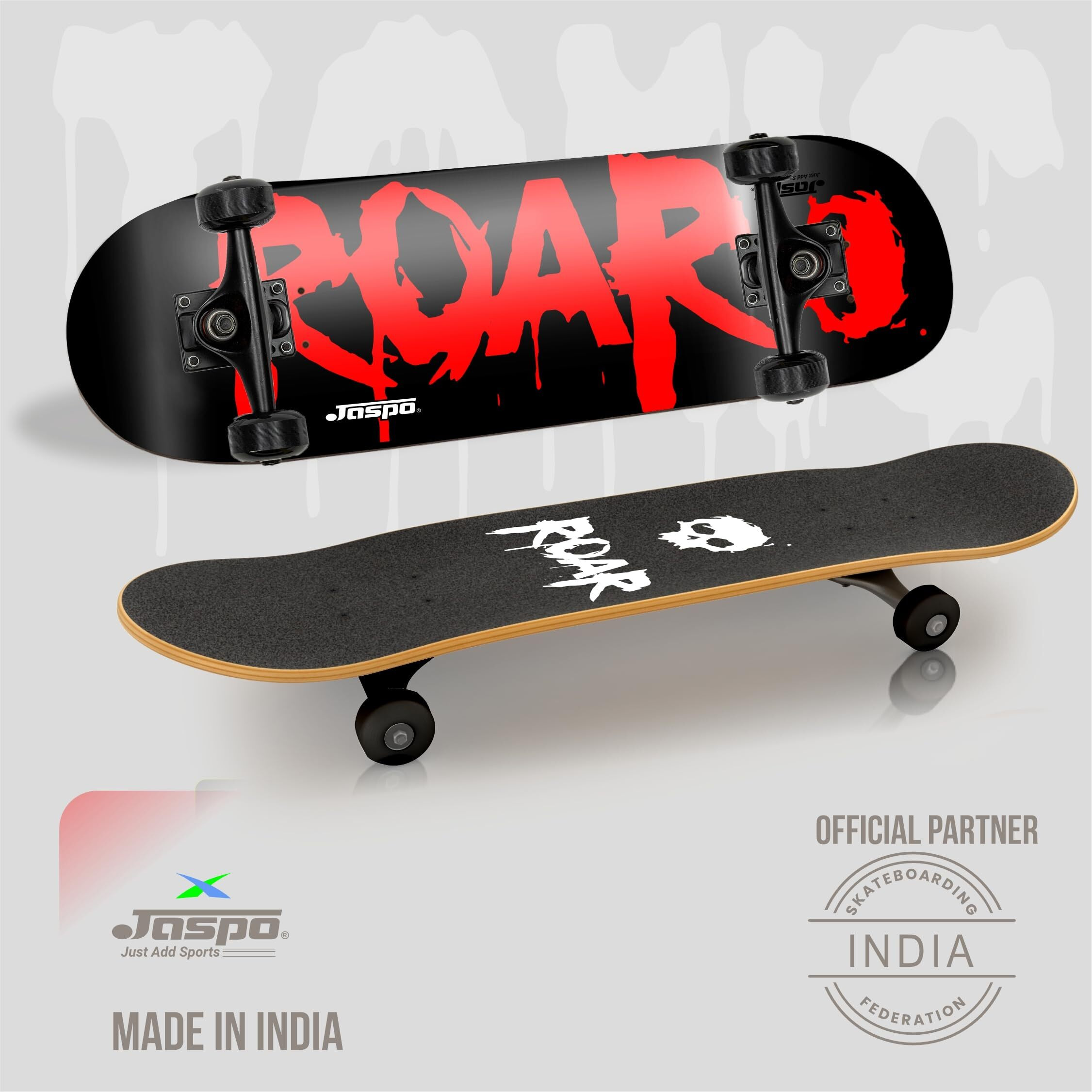 Jaspo Experts 26  x 7.5  Canadian Maple Premium Skateboard for Junior Riders with Fibre Trucks and PU Wheels (Red Black-Uv Print)