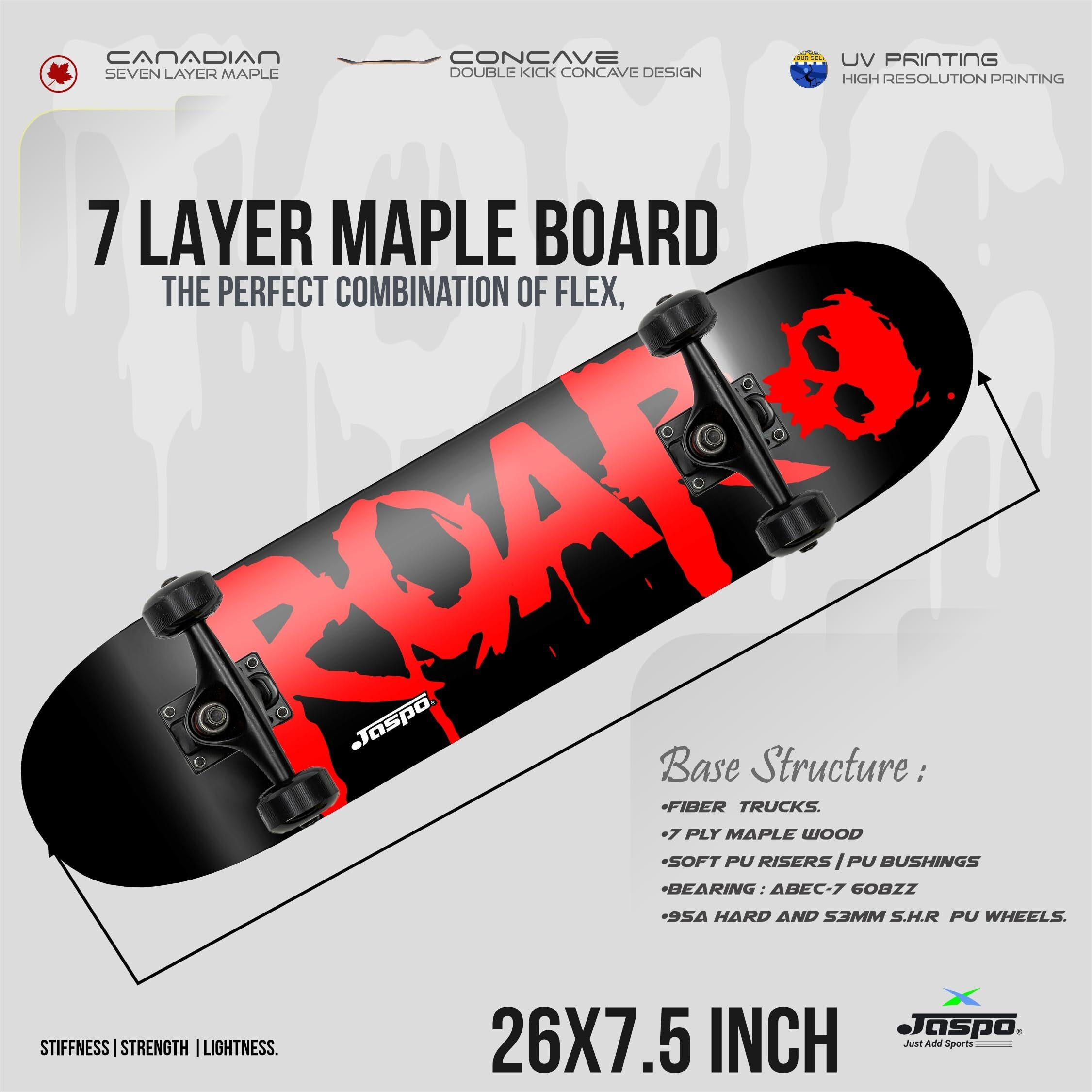 Jaspo Experts 26  x 7.5  Canadian Maple Premium Skateboard for Junior Riders with Fibre Trucks and PU Wheels (Red Black-Uv Print)