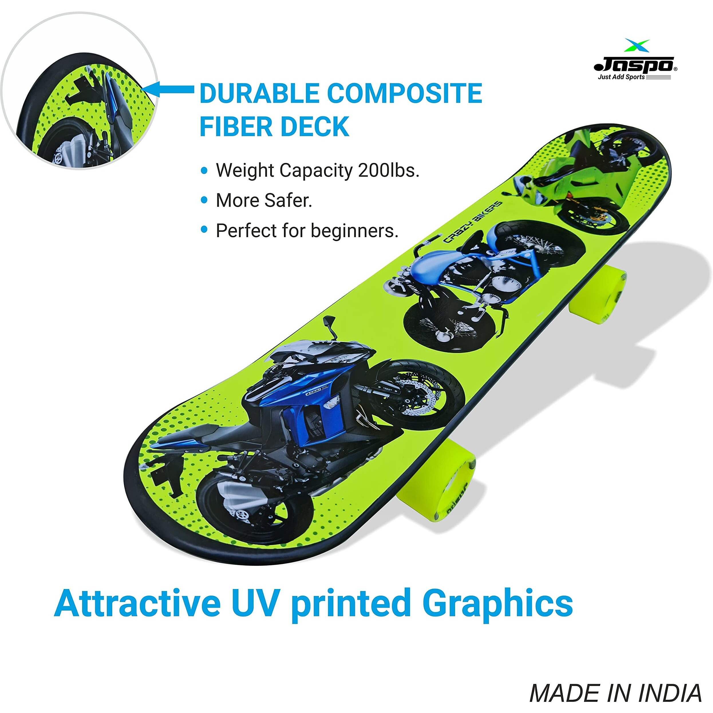 Jaspo Crazy Bikers Intact 26 x 6.25  Inches Fiber Beginner Skateboard for Jaspo Turbo 26 x 6.25  Inches Fiber Beginner Skateboard for 8 yrs & Above (Crazy Bikers Intact)