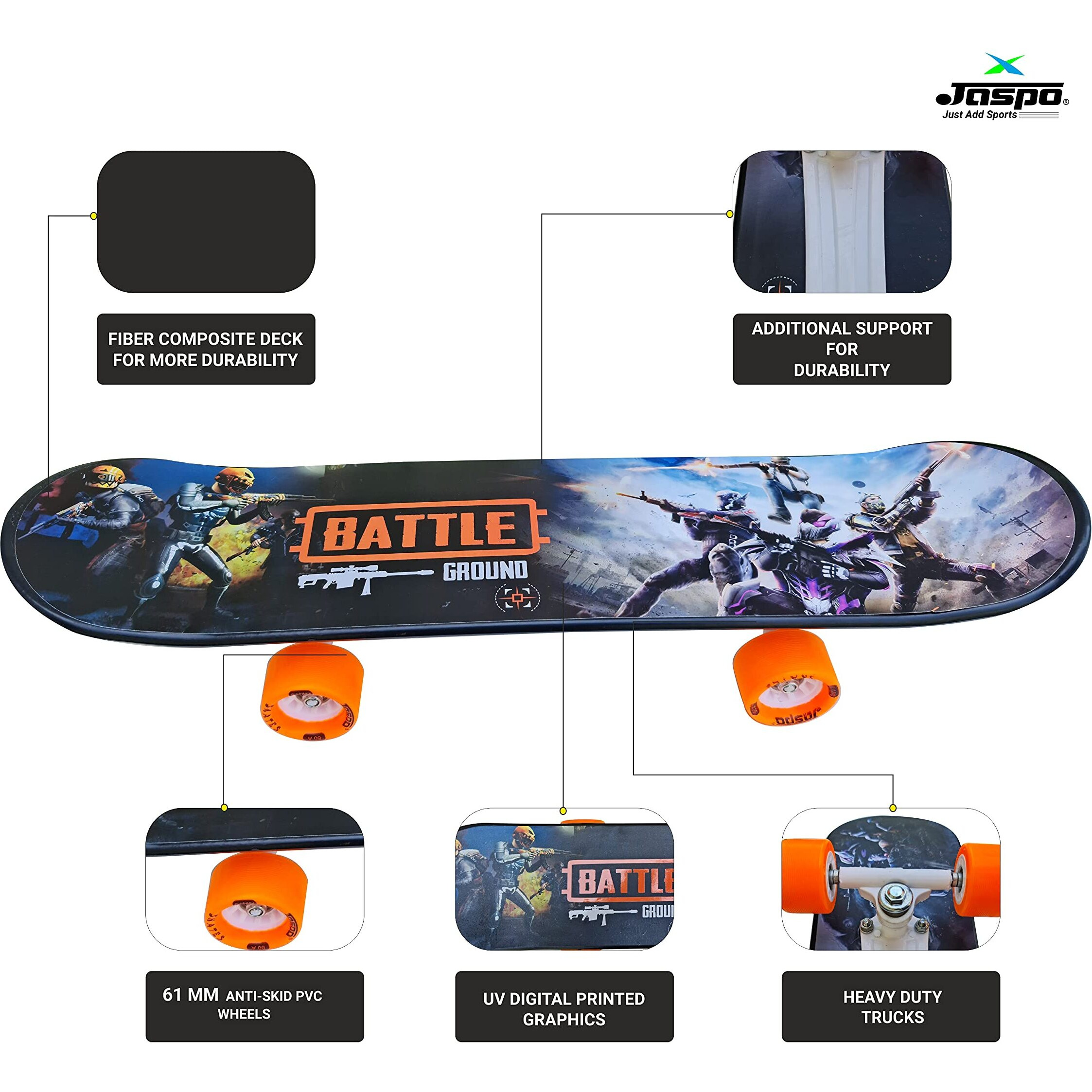 Jaspo Battle Field 26 x 6.25  Inches Fiber Beginner Skateboard for 8 yrs & Above (Battle Field) Polyvinyl Chloride Multicolor uk