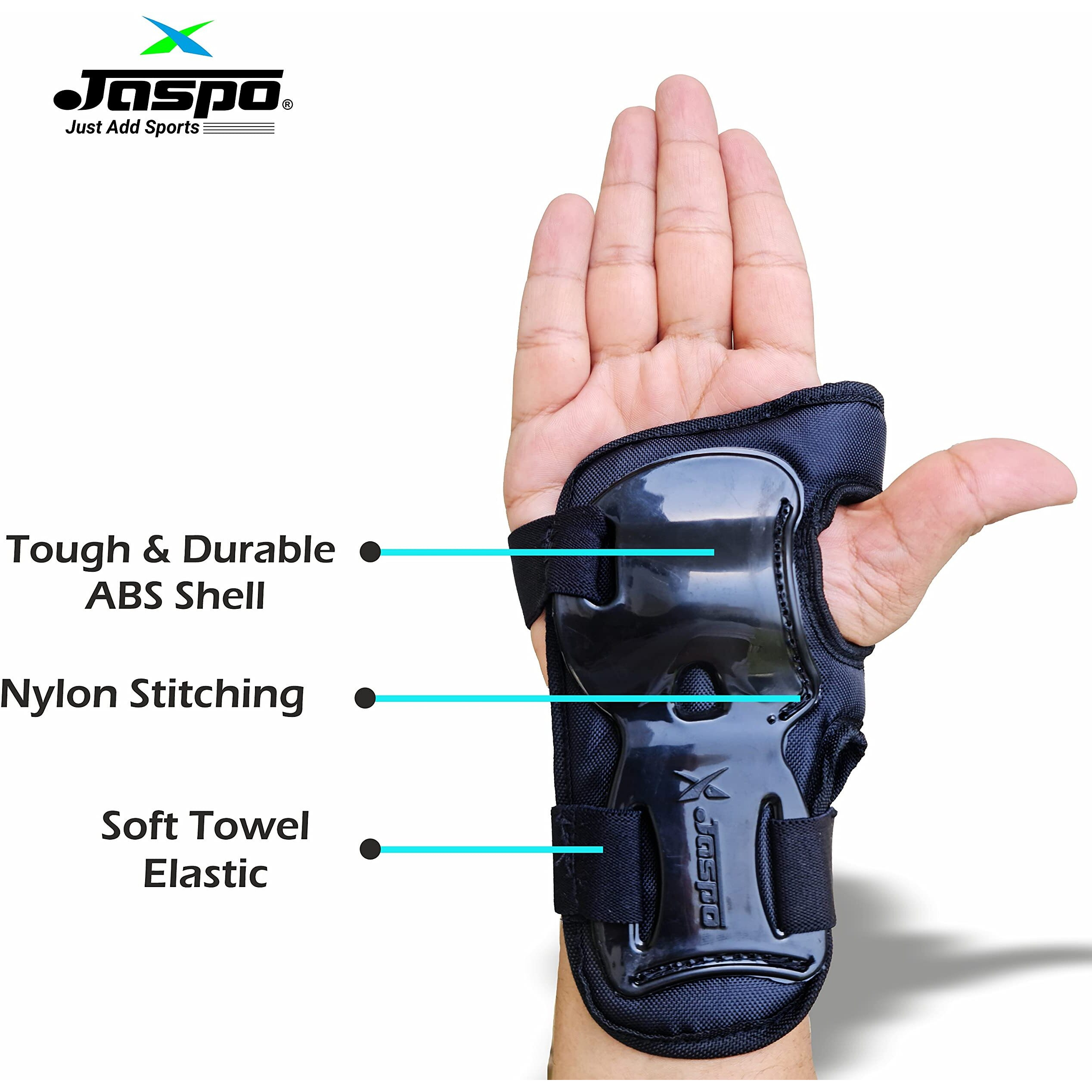 JASPO Secure Hybrid Wrist Guards for Skating, Cycling, Skateboarding, Roller Skating, Inline Skate, Running and All Outdoor Games, Breathable and Washable Fabric, for All Age Groups (Black, Large)