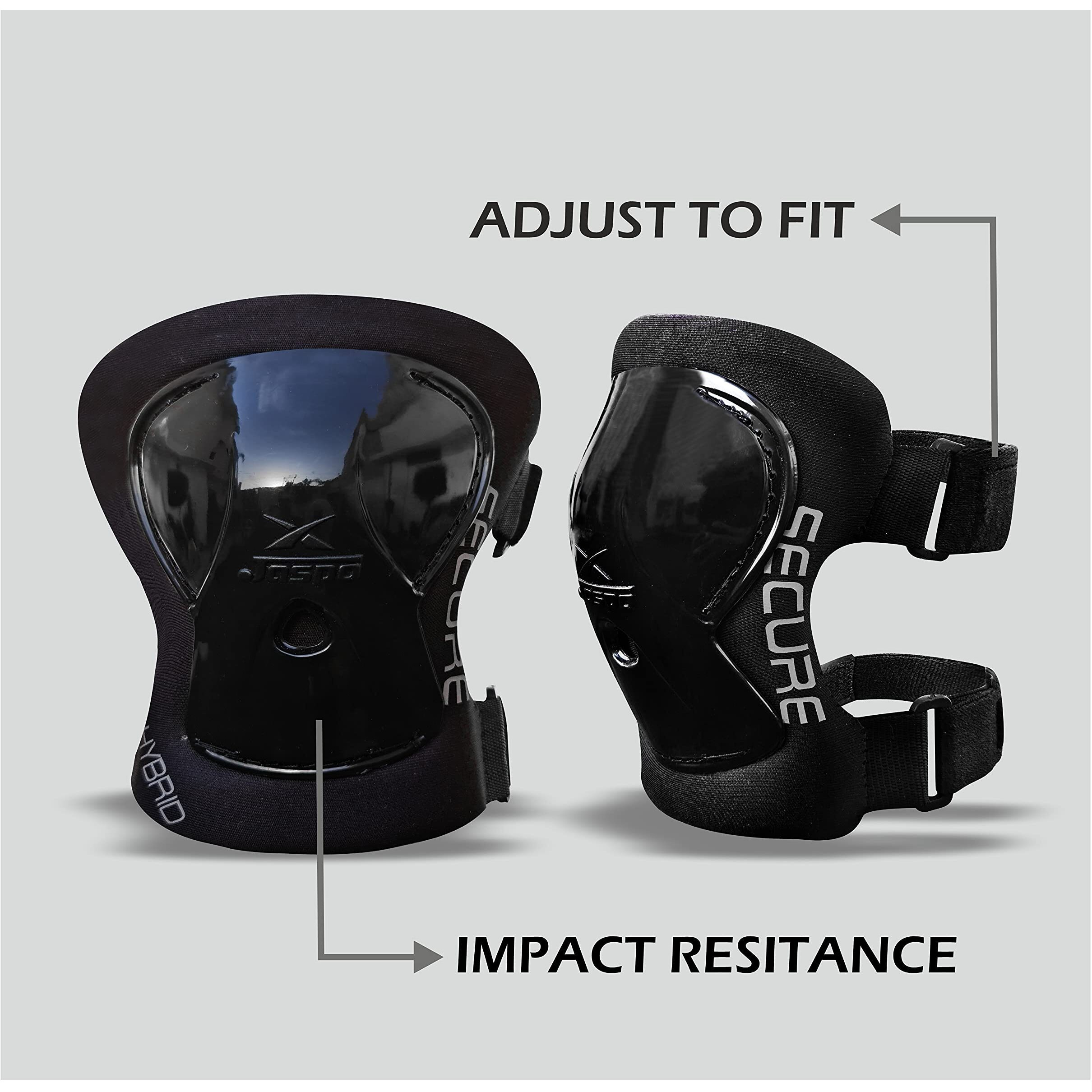 JASPO Secure Hybrid Knee & Elbow Guards Combo for Skating, Cycling, Skateboarding, Roller Skating, Inline Skate, Outdoor Games, Breathable & Washable Fabric, for All Age Groups (Black, Medium)