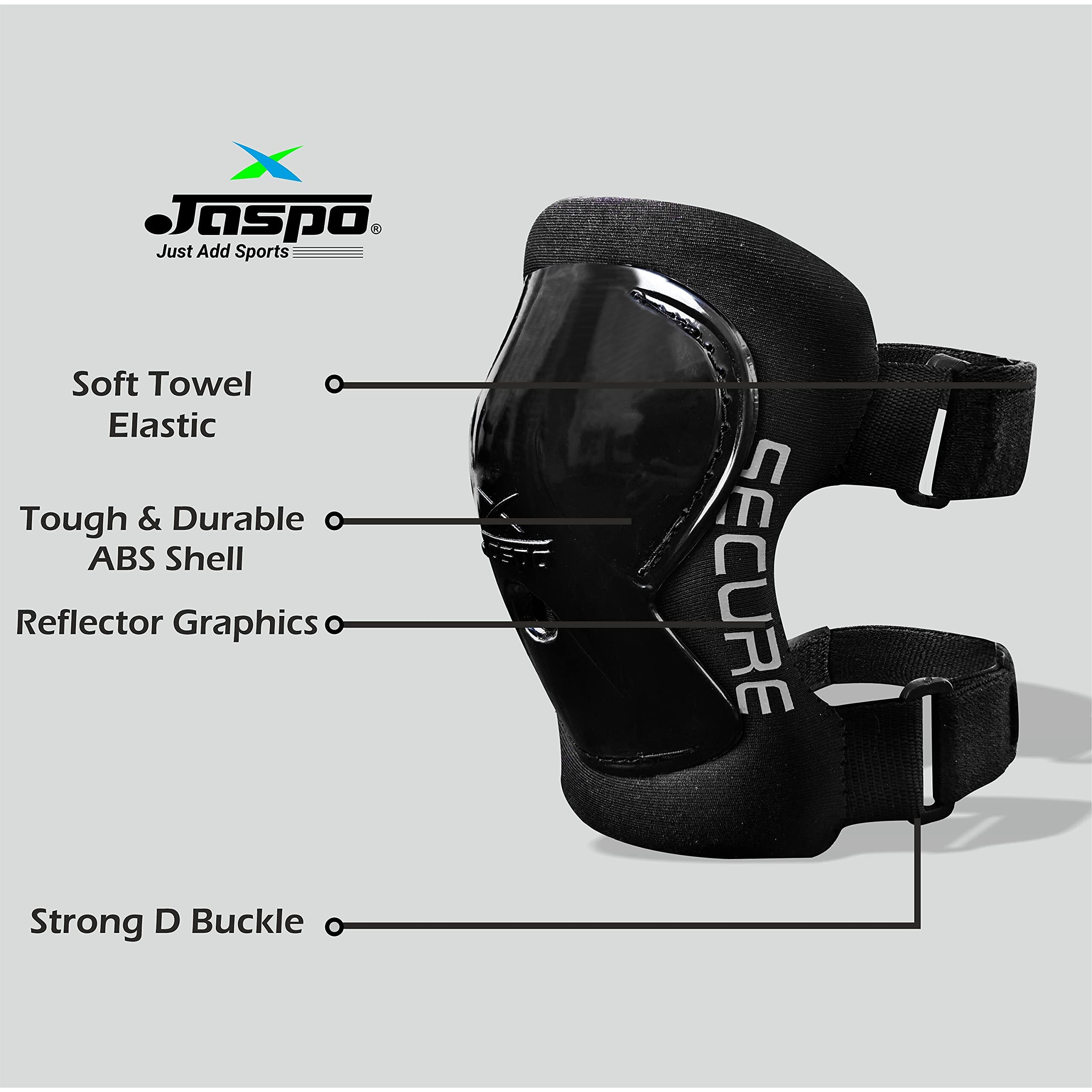 JASPO Secure Hybrid Knee & Elbow Guards Combo for Skating, Cycling, Skateboarding, Roller Skating, Inline Skate, Outdoor Games, Breathable & Washable Fabric, for All Age Groups (Black, Medium)