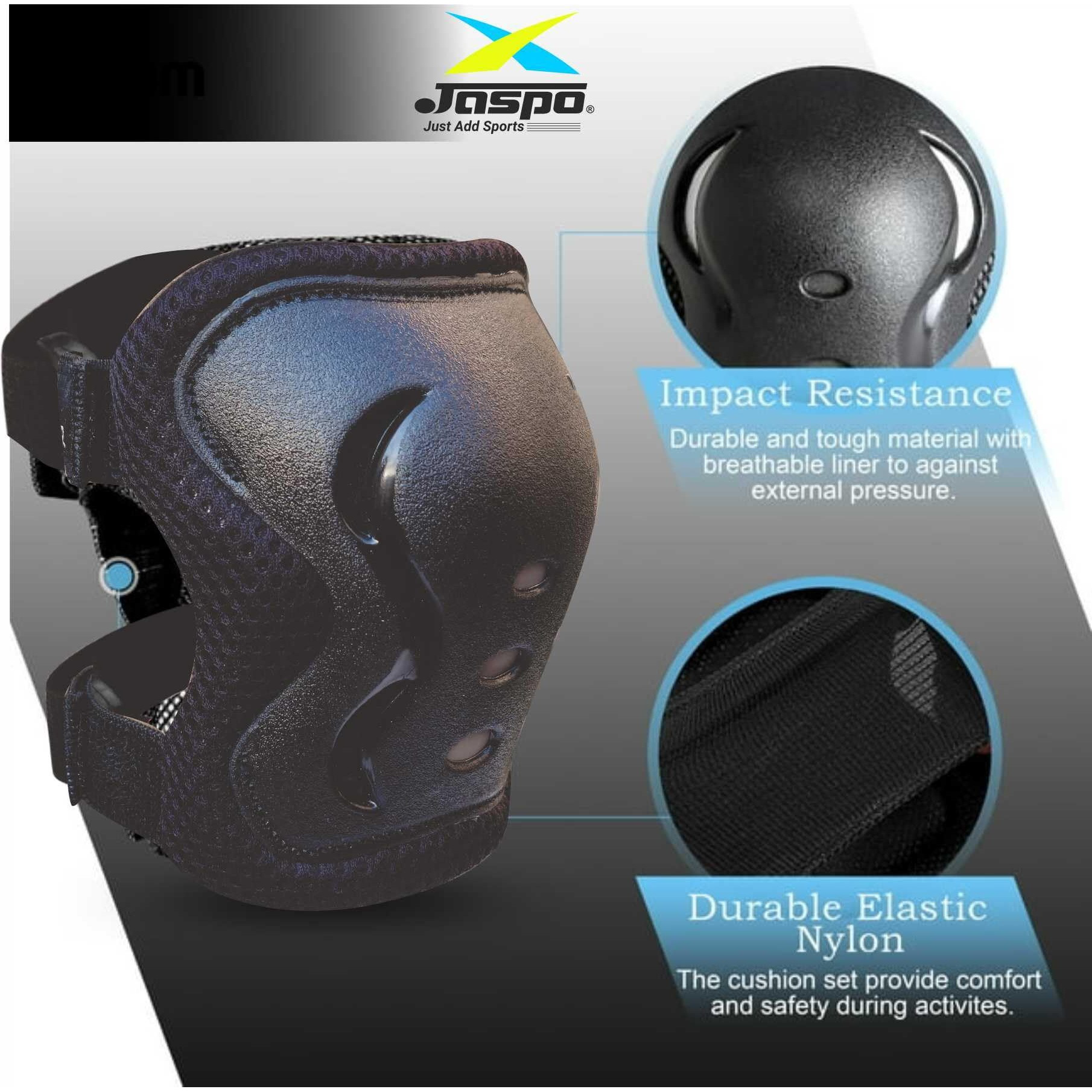 JASPO Secure Hybrid Knee, Elbow & Wrist Guard Combo for Skating, Cycling, Skateboarding, Roller Skating, Inline Skate, Running, Breathable & Washable Fabric, for All Age Groups (Black, Small)