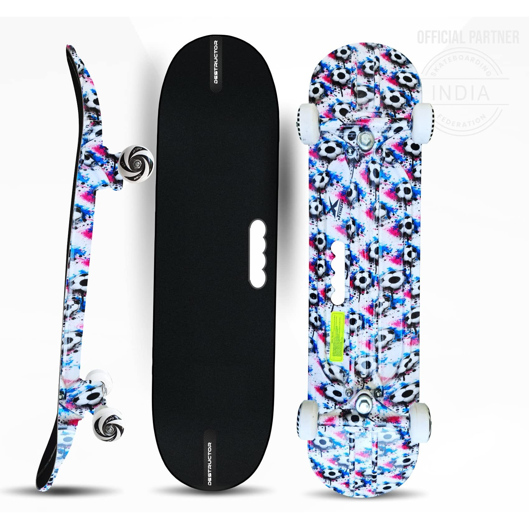 Jaspo Destructor Soccer Craze Fiber Skateboard 31x8 inches - Durable Fiber Material, Hydro Print on White Background, Black Grip Tape - Ideal for Ages 8 and Above