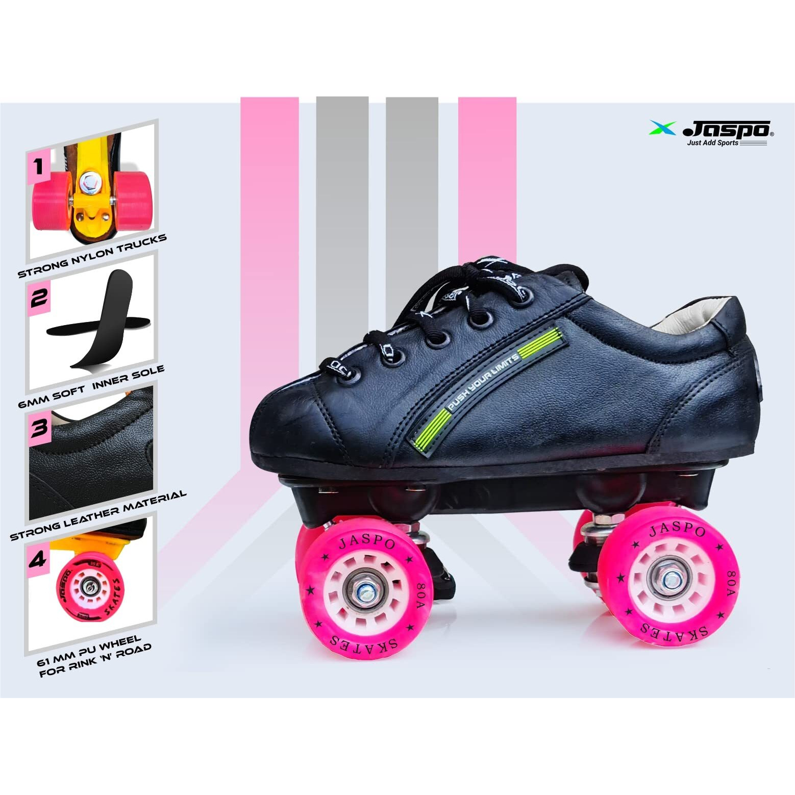 jaspo Kids Sprint Pro 10 Quad Outdoor Wheel Roller Skates - Beginner & Intermediate Training (1 Uk, Pink) With Durable Pu Wheels