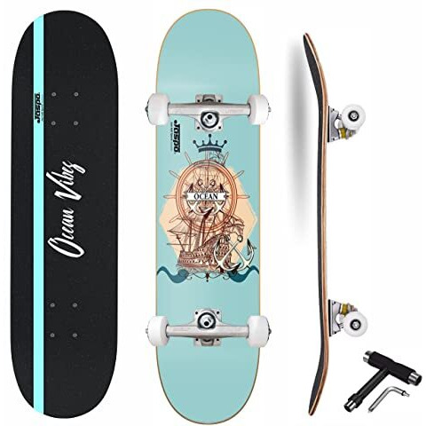 jaspo Ocean (31 Inches X 8 Inches) 7 Layer Wooden (Canadian Maple) Professional Grade Concave Skateboard - Made In India (Ocean)