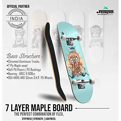 jaspo Ocean (31 Inches X 8 Inches) 7 Layer Wooden (Canadian Maple) Professional Grade Concave Skateboard - Made In India (Ocean)