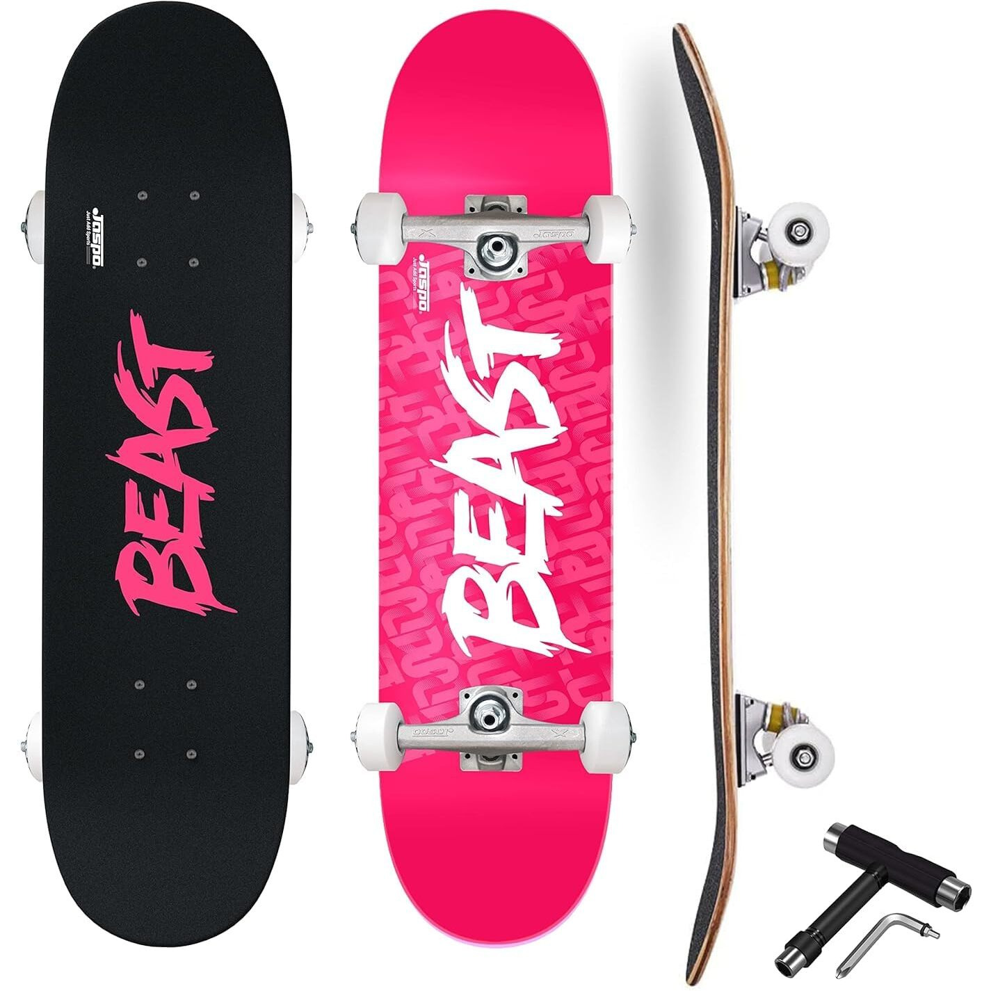 Jaspo Beast Skateboard 31 x8  Canadian Maple Deck with UV Printing, Black Grip Tape, and Soft PU Risers - Perfect for Kids, Youth, Boys, and Girls (Pink Black)