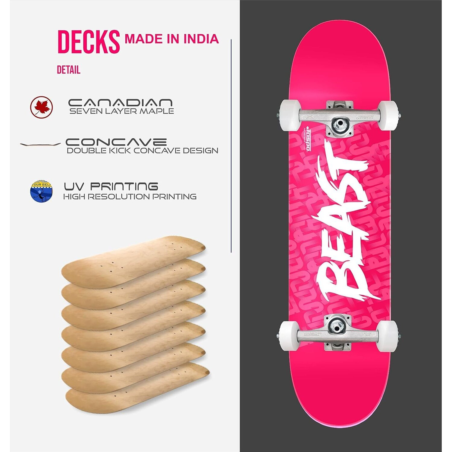 Jaspo Beast Skateboard 31 x8  Canadian Maple Deck with UV Printing, Black Grip Tape, and Soft PU Risers - Perfect for Kids, Youth, Boys, and Girls (Pink Black)