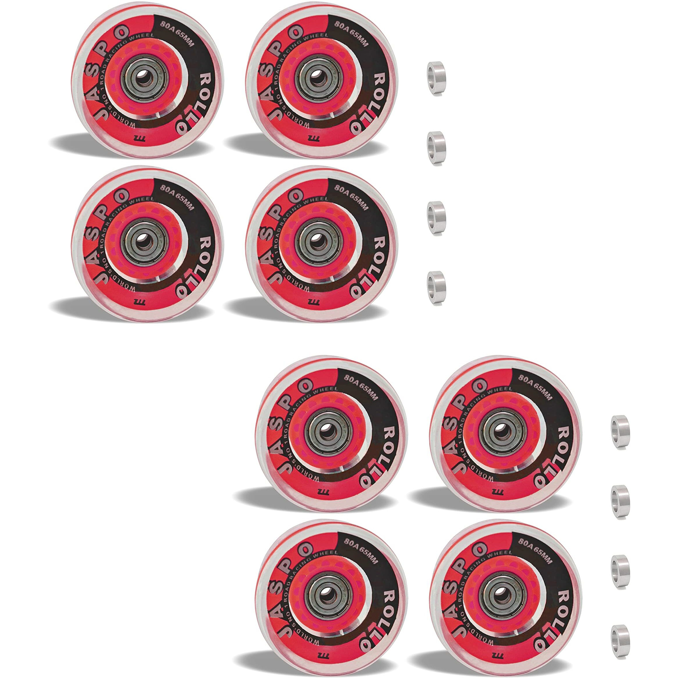 Jaspo Roller Quad Skate, Inline Wheels Skate Wheels with Bearings Quad Skating and Skateboard Wheels Multipack (Roller Skate Wheels (Red) (65 mm) - Pack of 8)