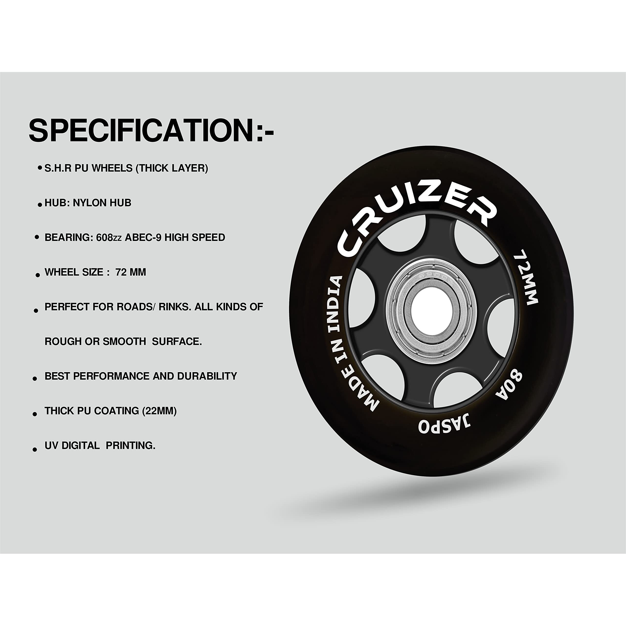 Jaspo Inline PU Wheels 72mm 100mm Inline Spare Skate Wheels, Roller Blade Skating Waveboard Luggage Wheels, Training Replacement Wheels (CRUIZER 72 MM (Pack of 3))