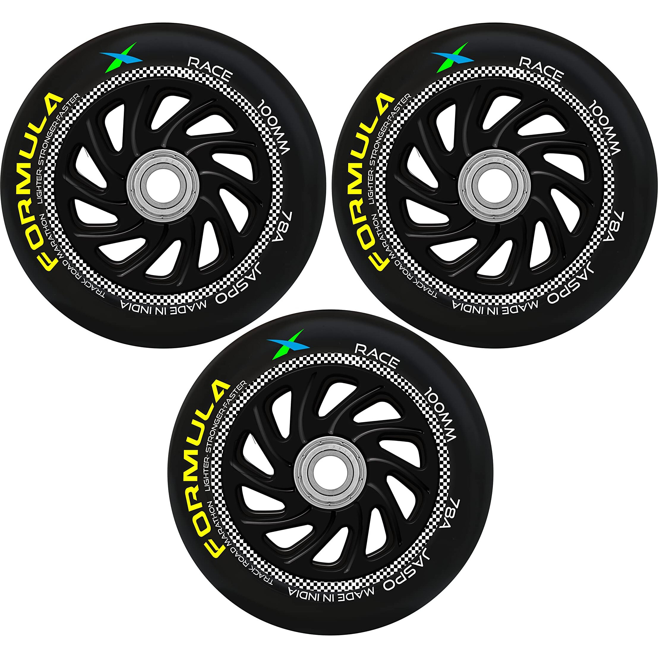 Jaspo Inline PU Wheels 72mm 100mm Inline Spare Skate Wheels, Roller Blade Skating Waveboard Luggage Wheels, Training Replacement Wheels (Formula 100 MM (Pack of 3))