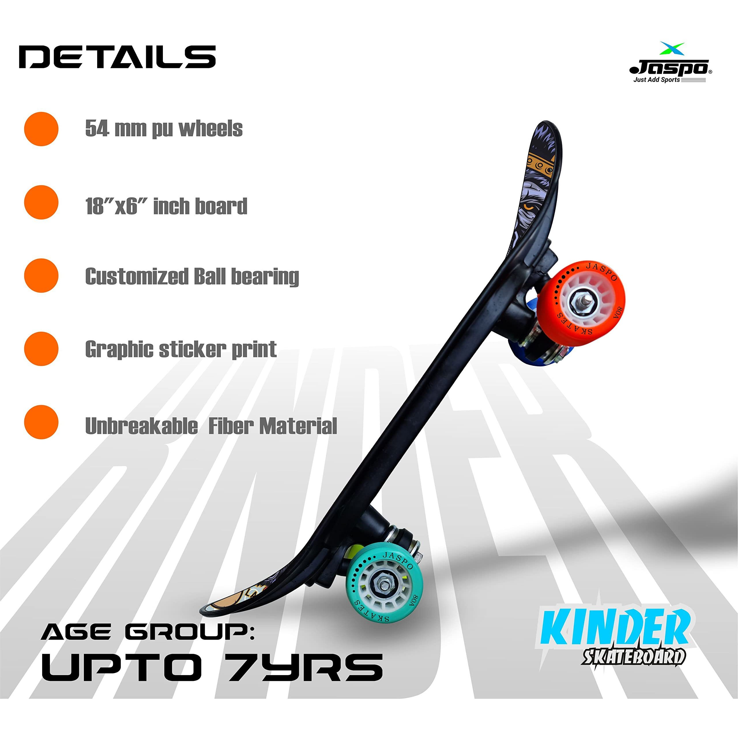 jaspo Fiber Kinder 18 X6  Junior Skateboard For Kids Upto 7 Years Age Suitable For Beginners And Learners Casterboard Skate Board Hoverboard Longboard (Kongempire), Multi