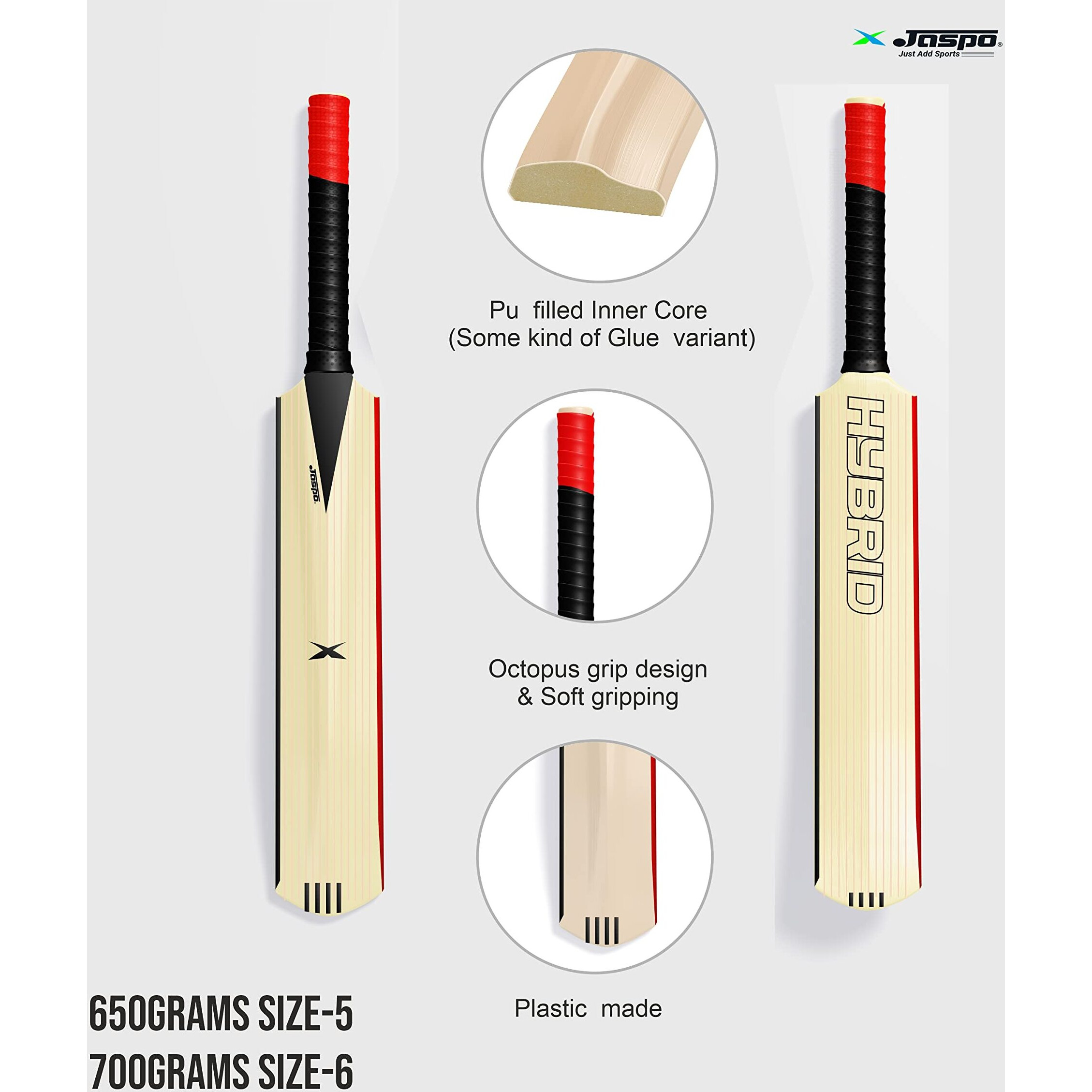 Jaspo Hybrid Plastic Cricket Bat (PU Filled Inside) Composite Hard Plastic Bat Suitable for Soft Cricket Ball Recommended for Kids Junior Senior Boys Girls  Made in India (Full Size (BAT ONLY))