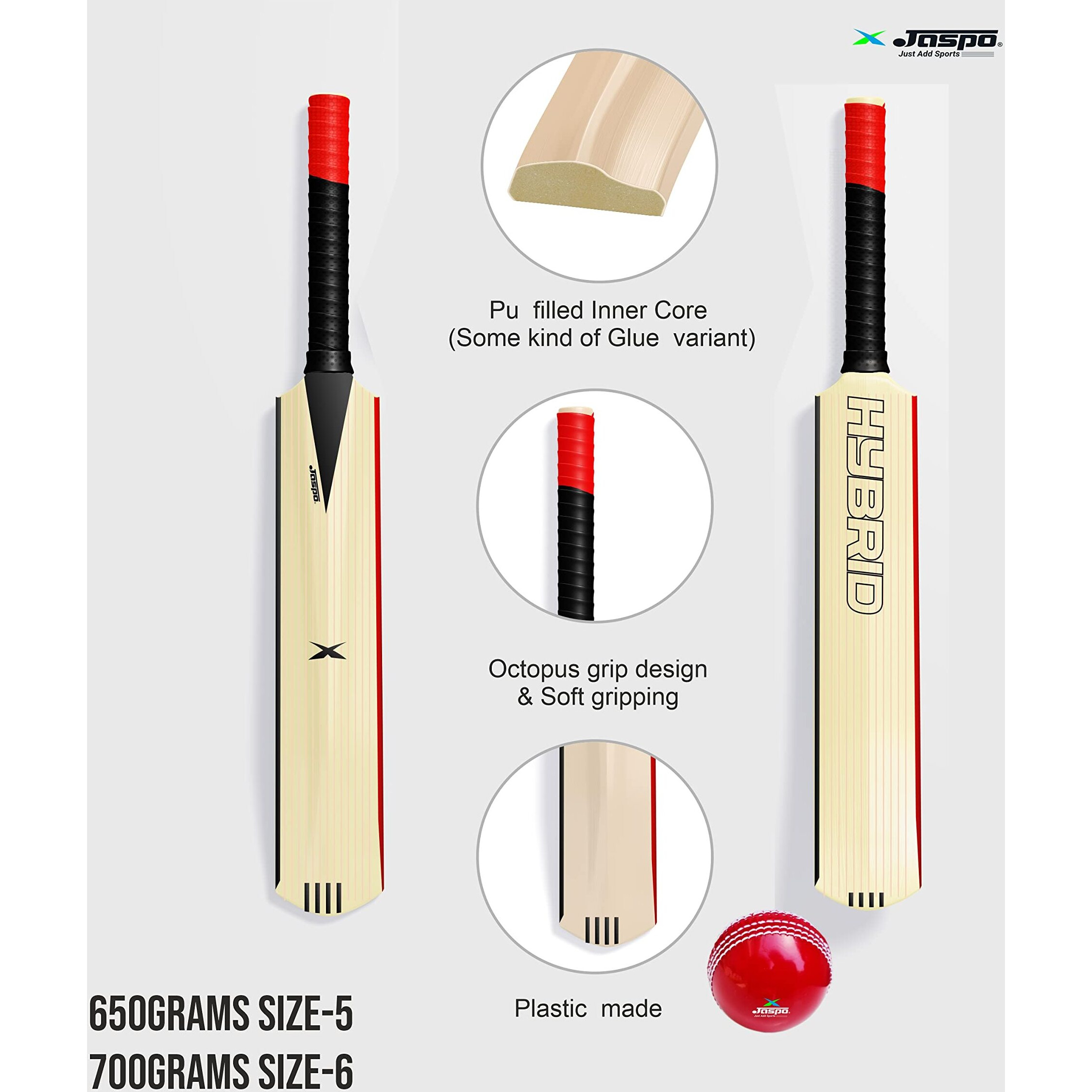 Jaspo Hybrid Plastic Cricket Bat (PU Filled Inside) Composite Hard Plastic Bat Suitable for Soft Cricket Ball Recommended for Kids Junior Senior Boys Girls  Made in India (Full Size (BAT + Ball))