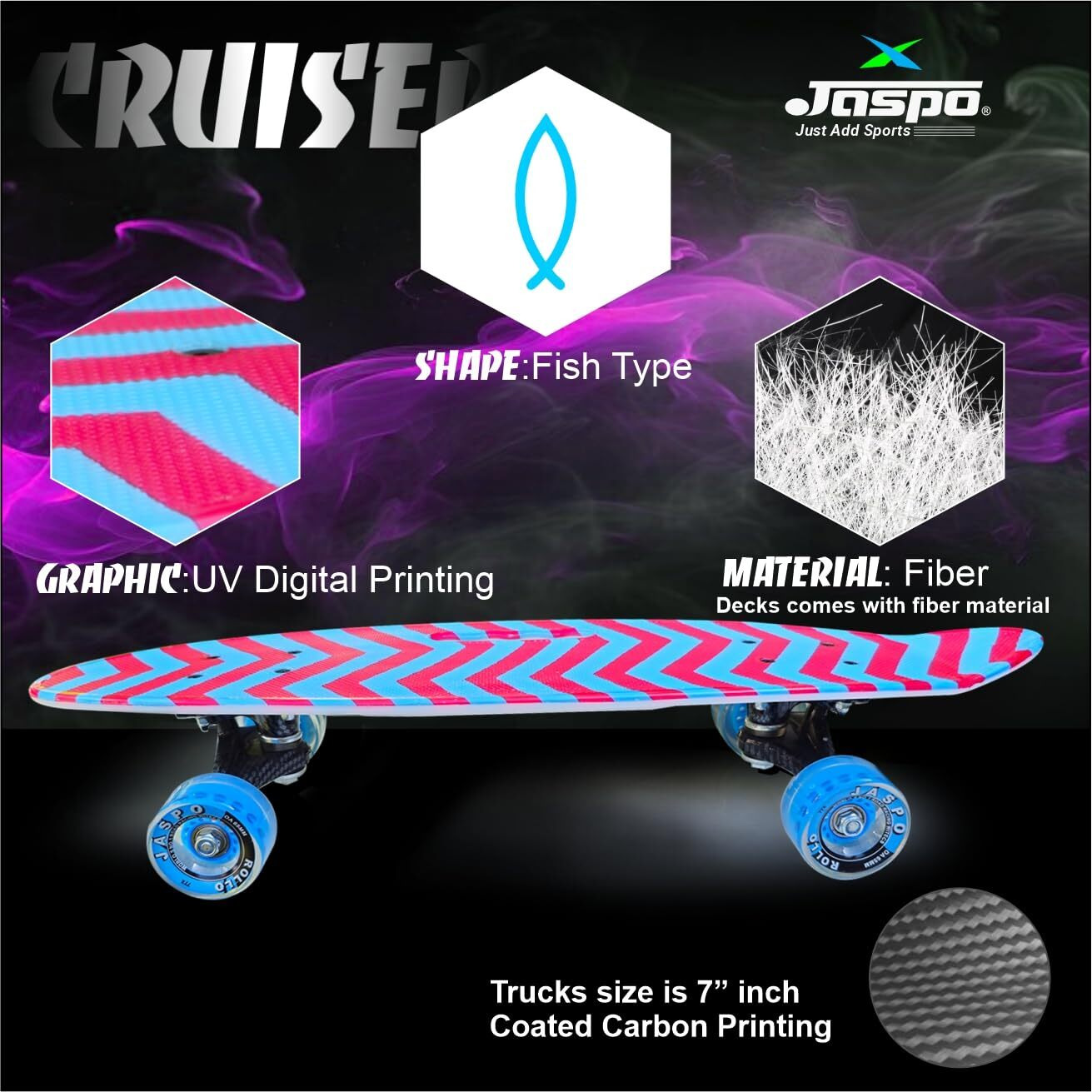 jaspo Cruiser Fiber Skateboard 25.5  Inx 7  In Specially Designed For Beginners-(Age Above 10 Years)-Cruiser, Multicolor