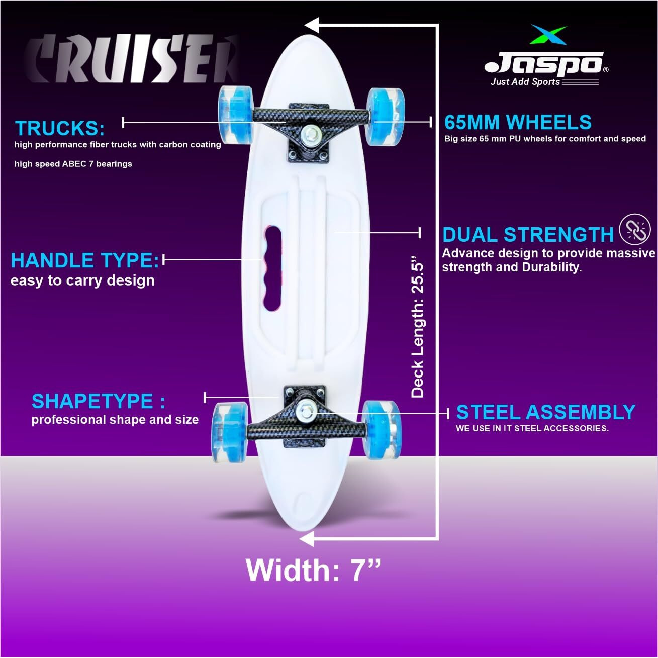 jaspo Cruiser Fiber Skateboard 25.5  Inx 7  In Specially Designed For Beginners-(Age Above 10 Years)-Cruiser, Multicolor