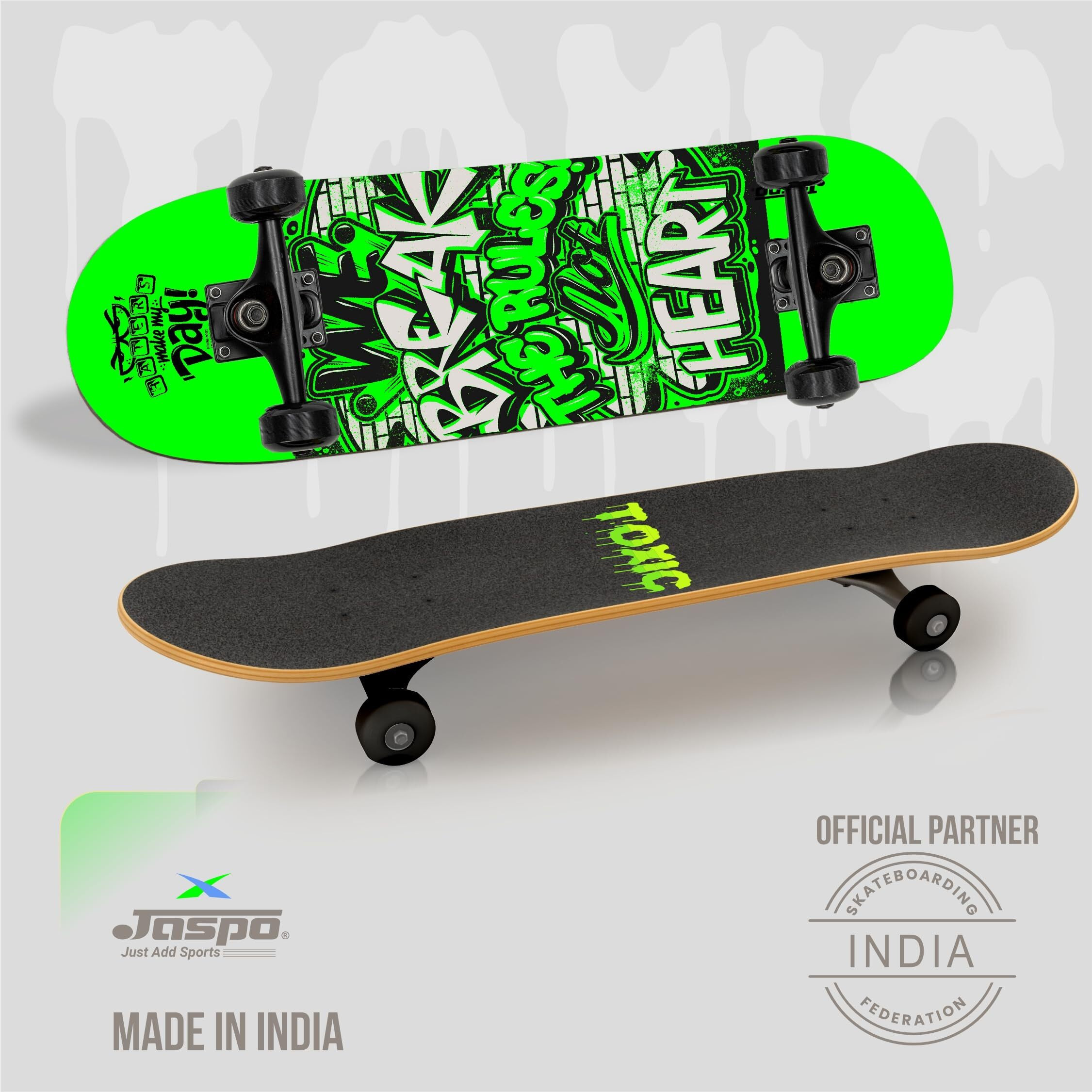 Jaspo Experts 26  x 7.5  Canadian Maple Premium Skateboard for Junior Riders with Fibre Trucks and PU Wheels (Black Green)