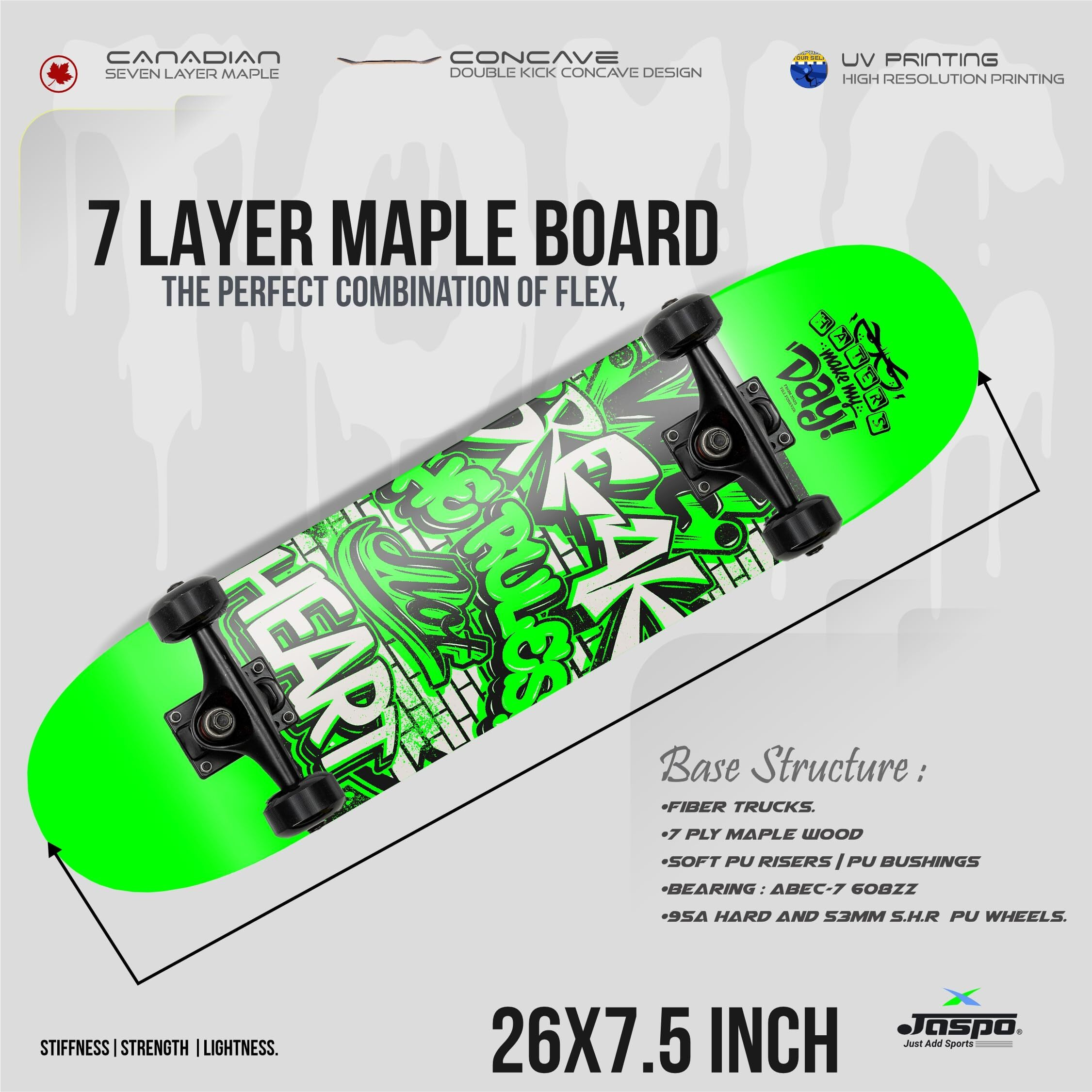 Jaspo Experts 26  x 7.5  Canadian Maple Premium Skateboard for Junior Riders with Fibre Trucks and PU Wheels (Black Green)