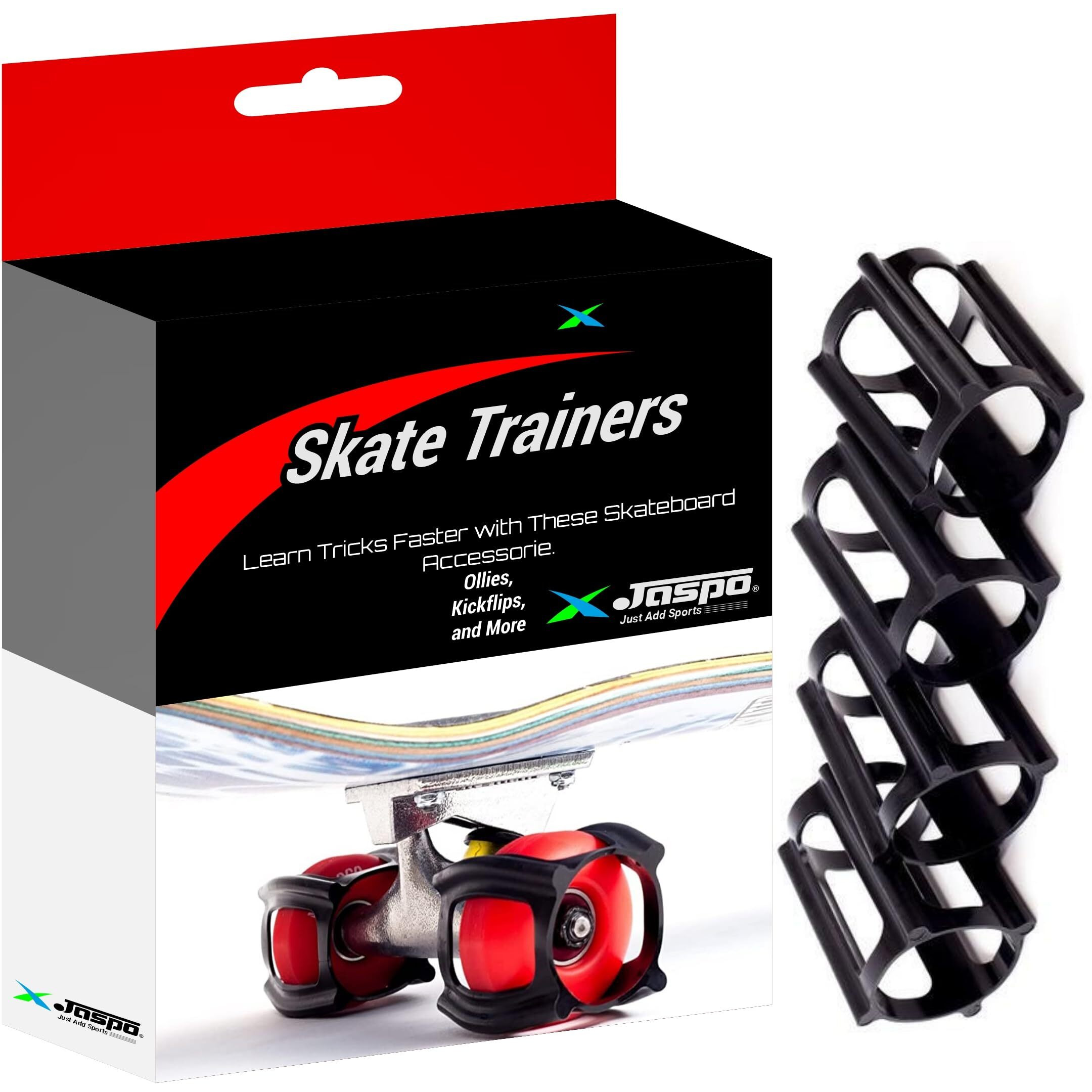 Jaspo Skate Trainers- Wheel stoppers for Roller Skates and Skateboards for Beginners & learners to Learn Balancing,Tricks-Safe, and Easy- Ollies, Kickflips and More(Black_Skate_Trainer (Pack of 8))