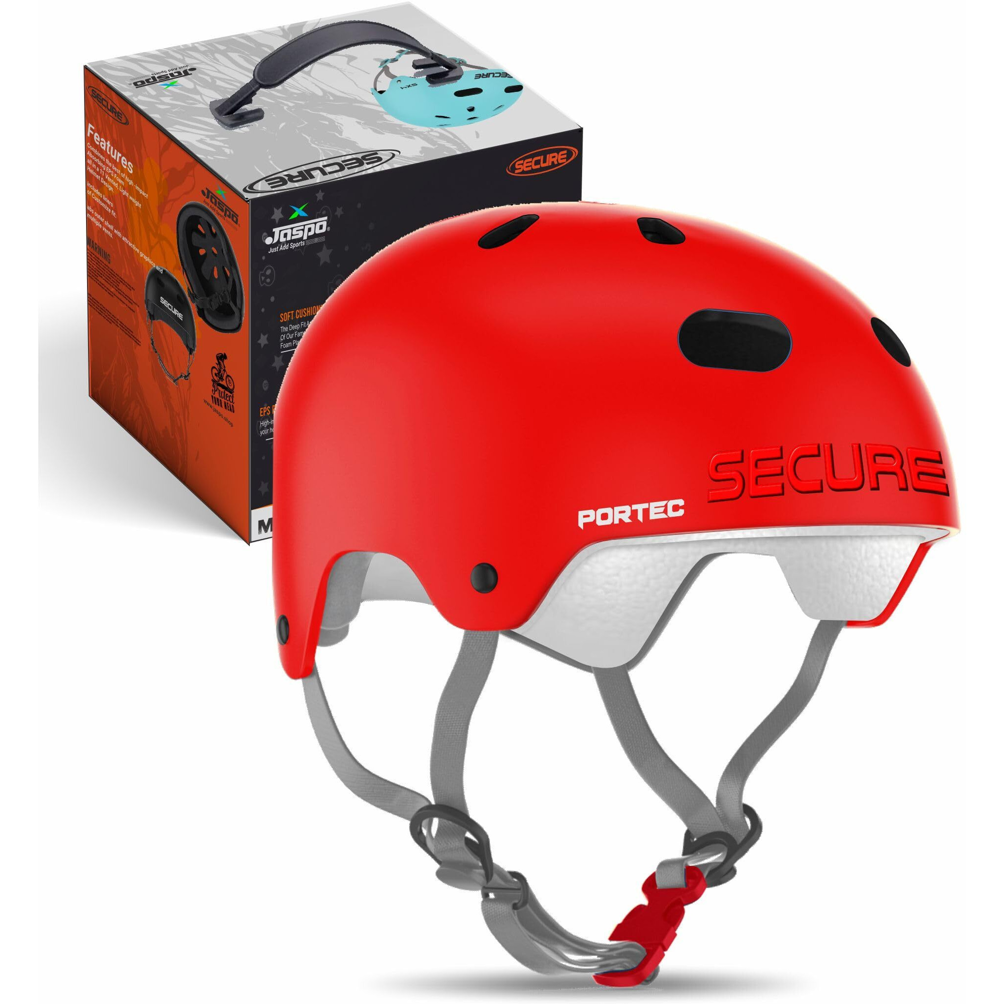 Jaspo Secure Sports Helmet for Cycling, Skating, Skateboarding - for All Age Groups (XS, Red)