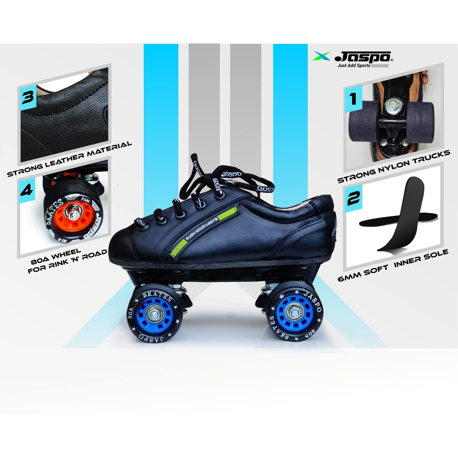 jaspo Unisex Sprint Pro 10 Quad Shoe Fixed Body Roller Skates Approximate For Beginners&Intermediates For Practice &Training Purpose For (All Age Group) (5 Uk(Foot Length 25Cms), Blue), Outdoor Wheel