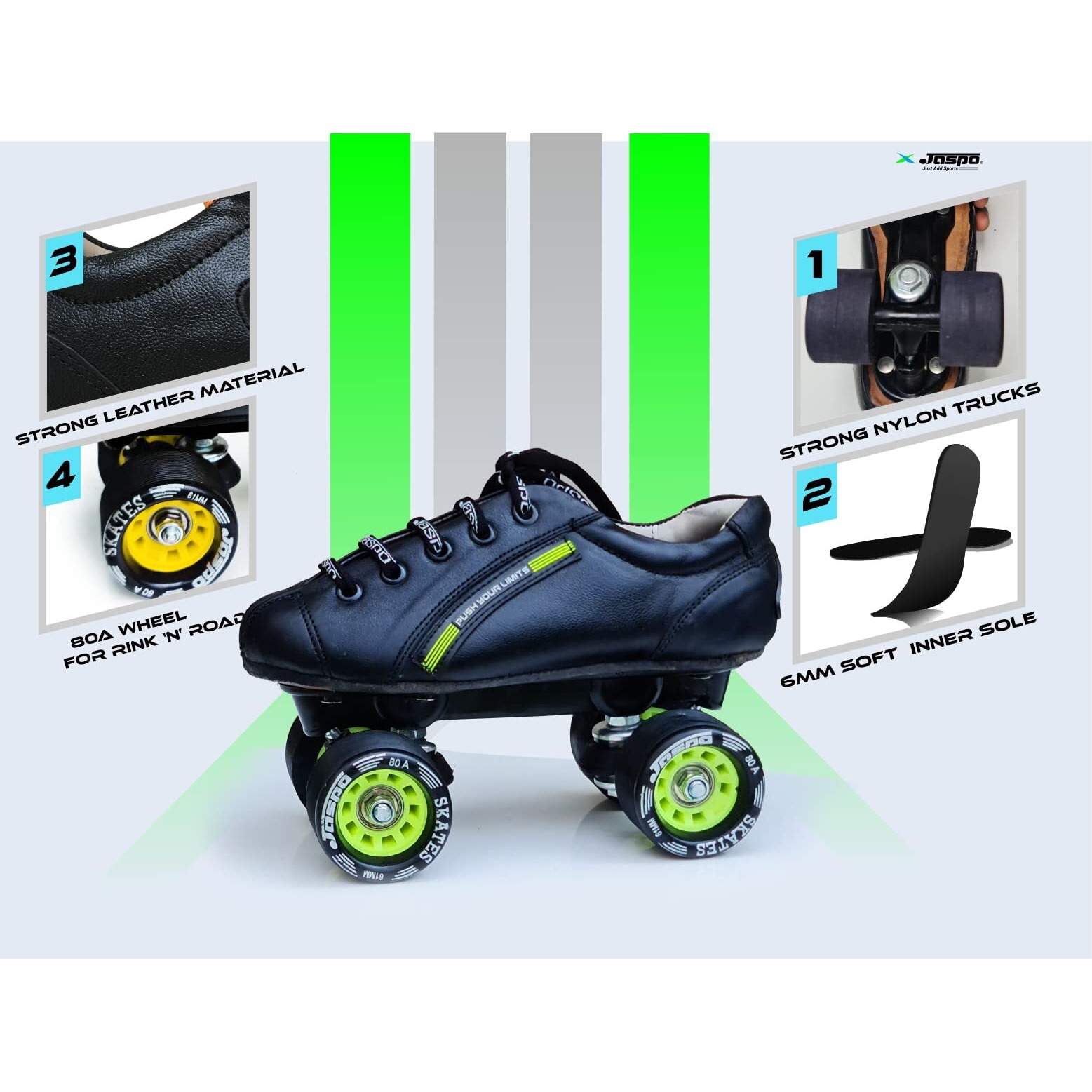 jaspo Unisex Sprint Pro 10 Quad Shoes Fixed Body Outdoor Wheel Roller Skates Approximate For Beginners&Intermediates For Practice&Training Purpose For(All Age Group)(8 Uk(Foot Length 27.3 Cms),Green)