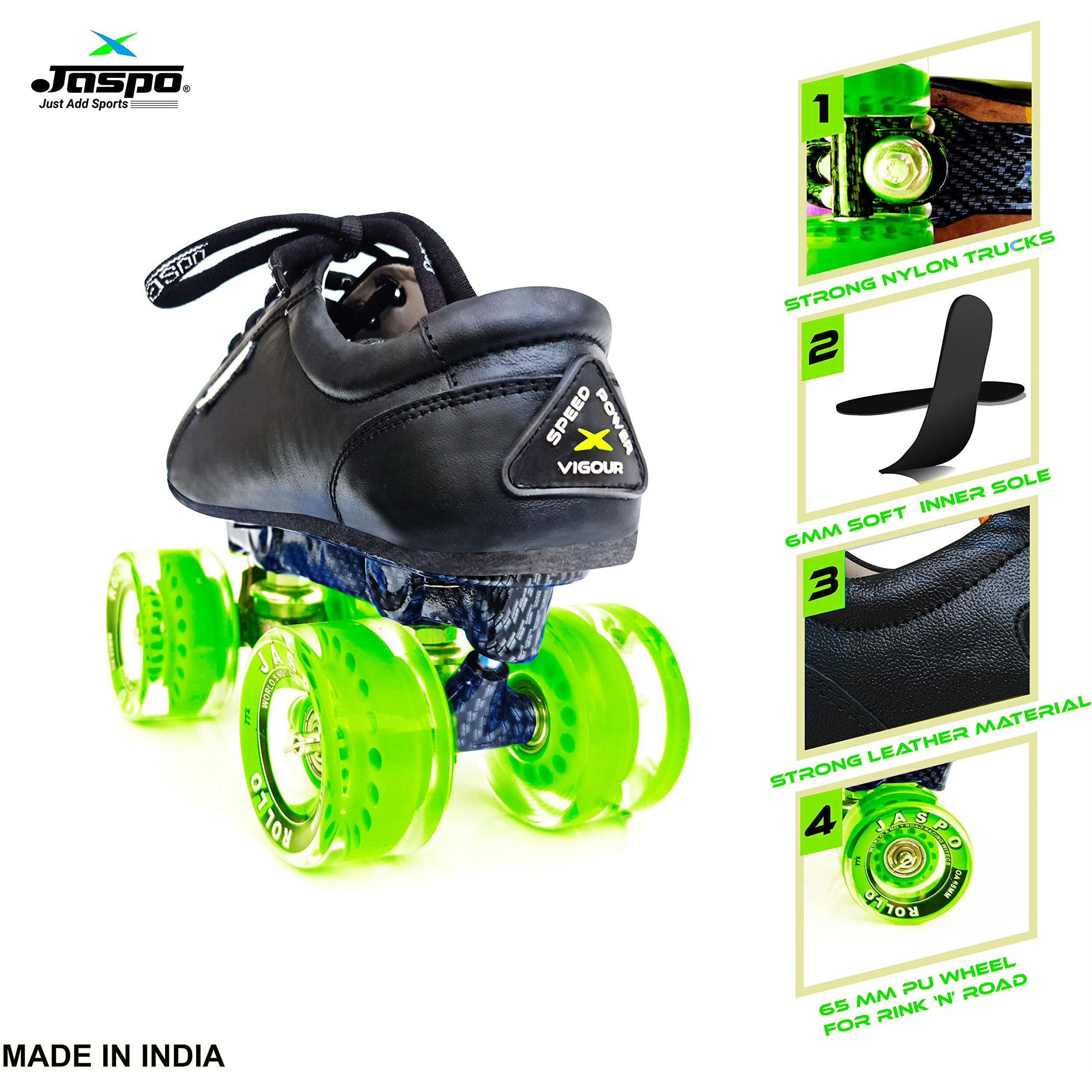 jaspo Unisex Pro Hyper Quad Outdoor Wheel Shoe Skates (5 Uk(Foot Length 25 Cms), Green)