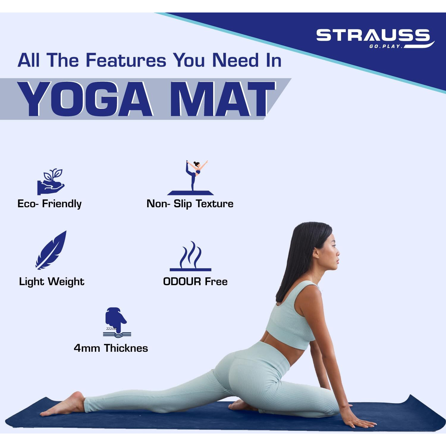 STRAUSS Yoga Mat with Carry Bag | Anti-Slip Exercise Mat for Women & Men | Home Gym Workout, Yoga, Pilates | Eco-friendly | Non-Slip Surface | Lightweight & Durable | 4mm (Blue)