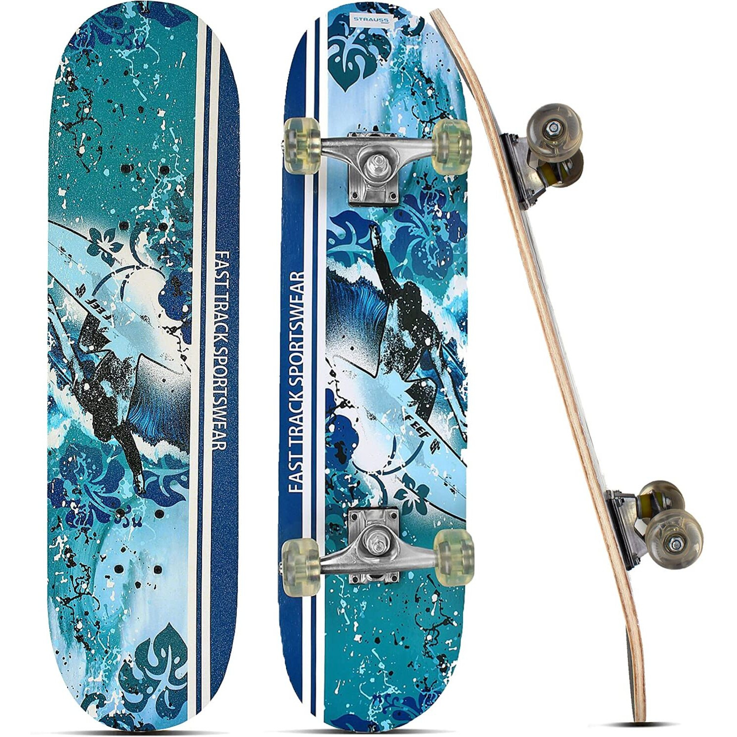 Strauss Bronx FT Lightweight Skateboard with Unique Graphics| 31X 8 Inches, 8 Layer Maple Deck with High Density & Non-Slip Waterproof Grip Tape|2 inch PU Wheels| Suitable for 8 Years and above