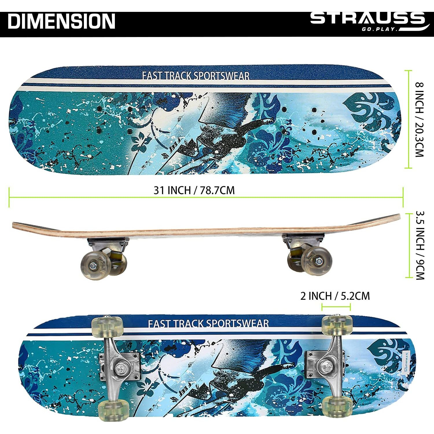 Strauss Bronx FT Lightweight Skateboard with Unique Graphics| 31X 8 Inches, 8 Layer Maple Deck with High Density & Non-Slip Waterproof Grip Tape|2 inch PU Wheels| Suitable for 8 Years and above