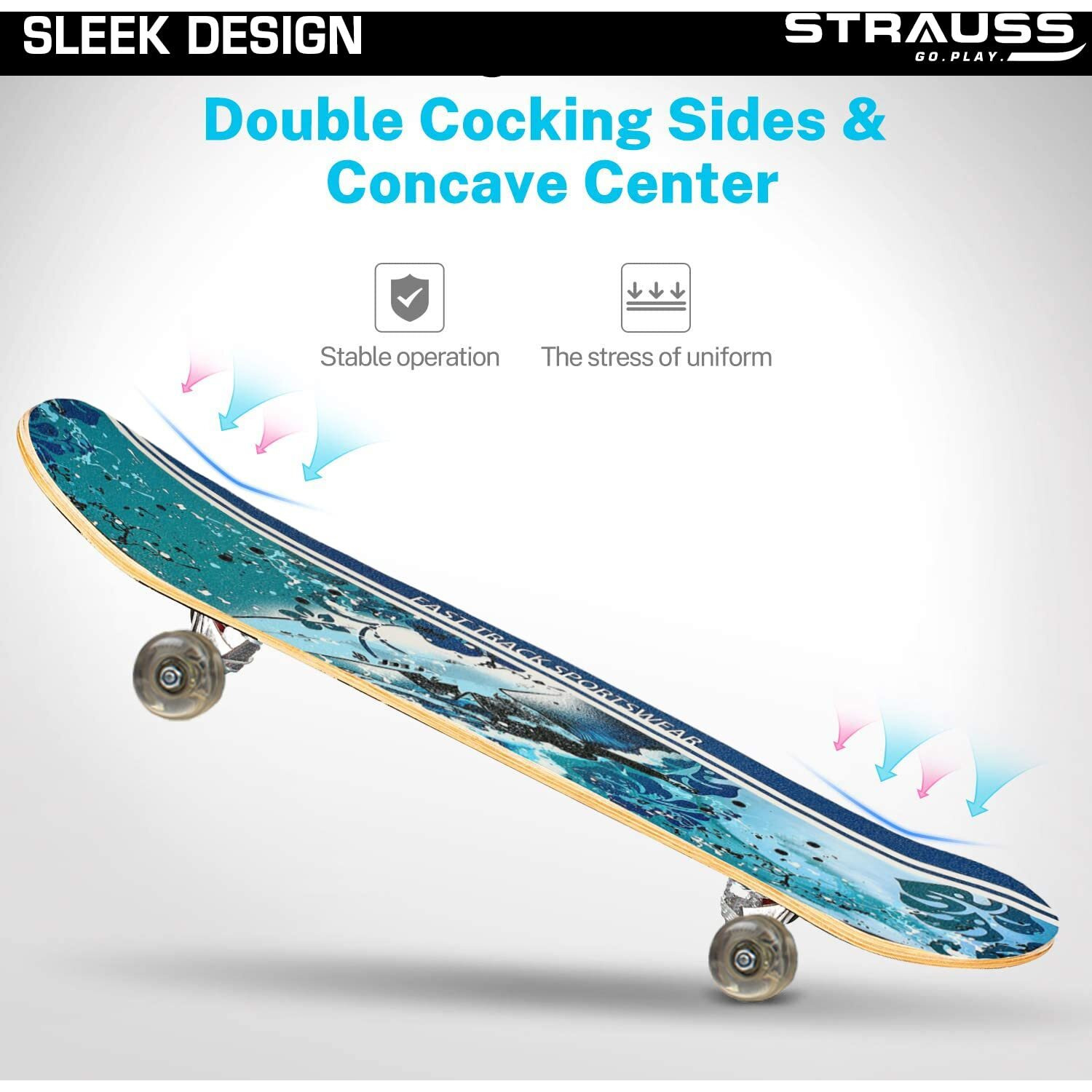 Strauss Bronx FT Lightweight Skateboard with Unique Graphics| 31X 8 Inches, 8 Layer Maple Deck with High Density & Non-Slip Waterproof Grip Tape|2 inch PU Wheels| Suitable for 8 Years and above