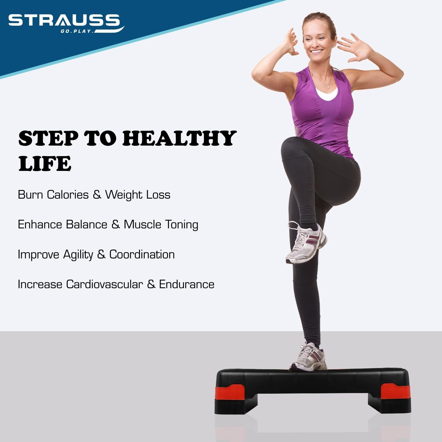 Strauss Aerobic Stepper | Two Height Level Adjustments - 4 inches and 6 inches | Slip-Resistant & Shock Absorbing Platform for Extra-Durability - Supports Upto 200 KG, (Red)