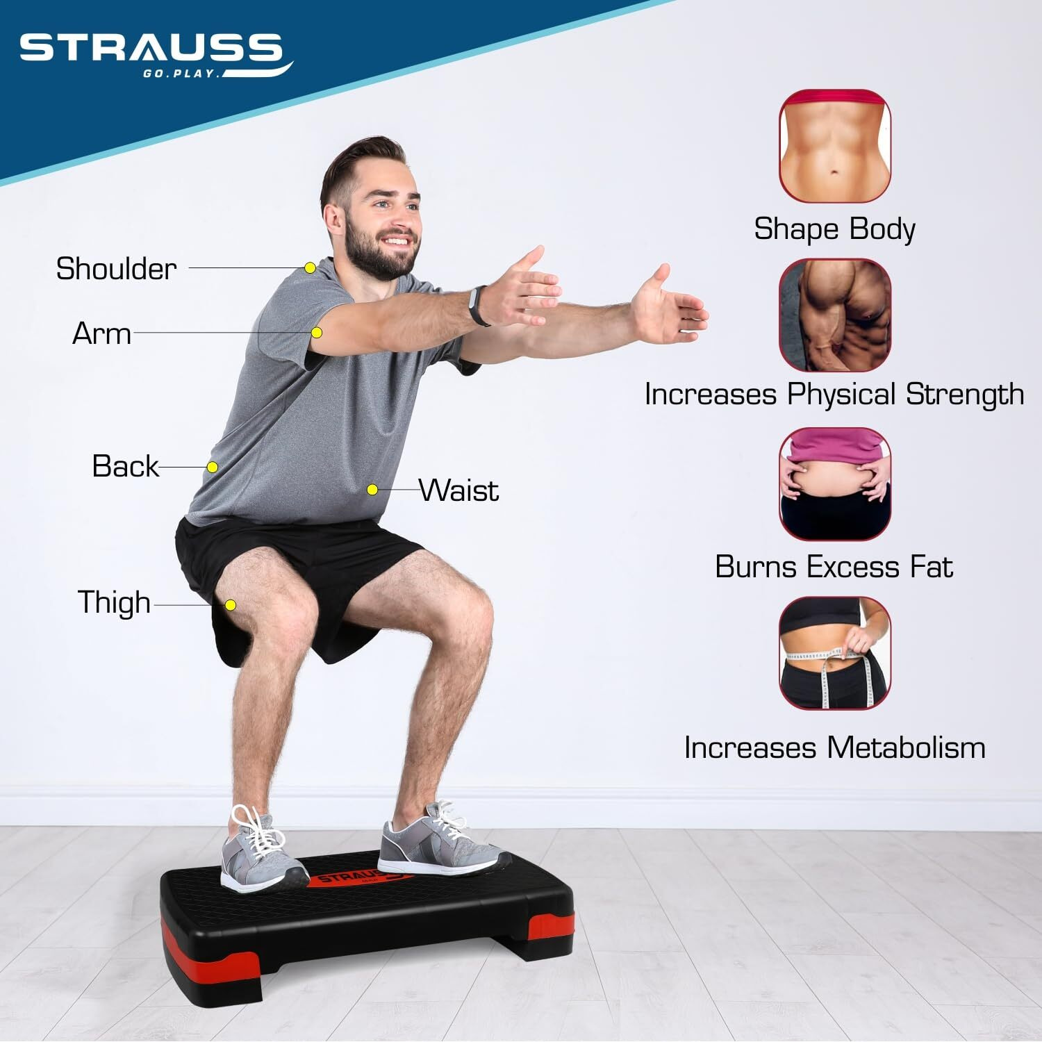 Strauss Aerobic Stepper | Two Height Level Adjustments - 4 inches and 6 inches | Slip-Resistant & Shock Absorbing Platform for Extra-Durability - Supports Upto 200 KG, (Red)