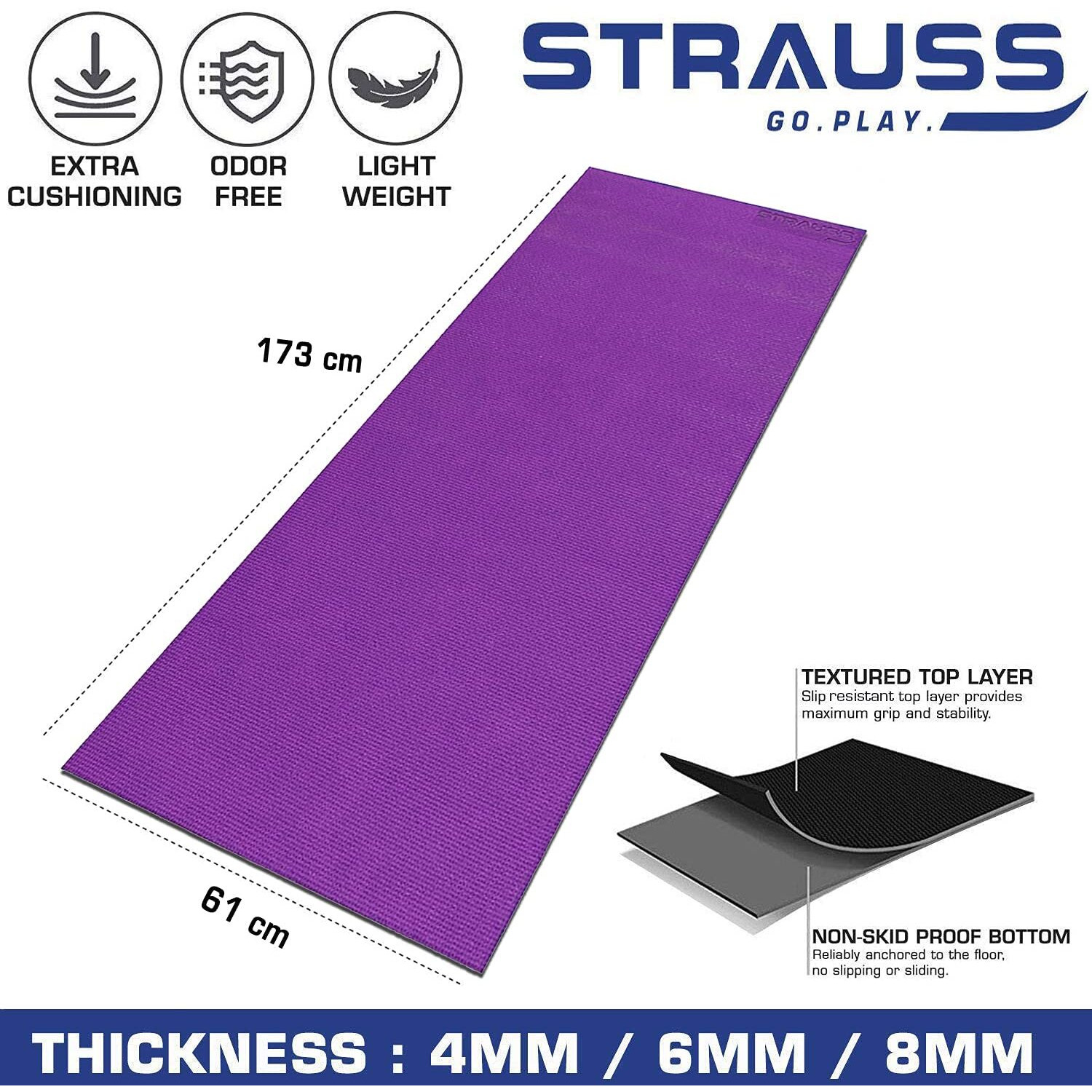 STRAUSS Yoga Mat with Carry Bag | Anti-Slip Exercise Mat for Women & Men | Home Gym Workout, Yoga, Pilates | Eco-friendly | Non-Slip Surface | Lightweight & Durable | 4mm (Purple)
