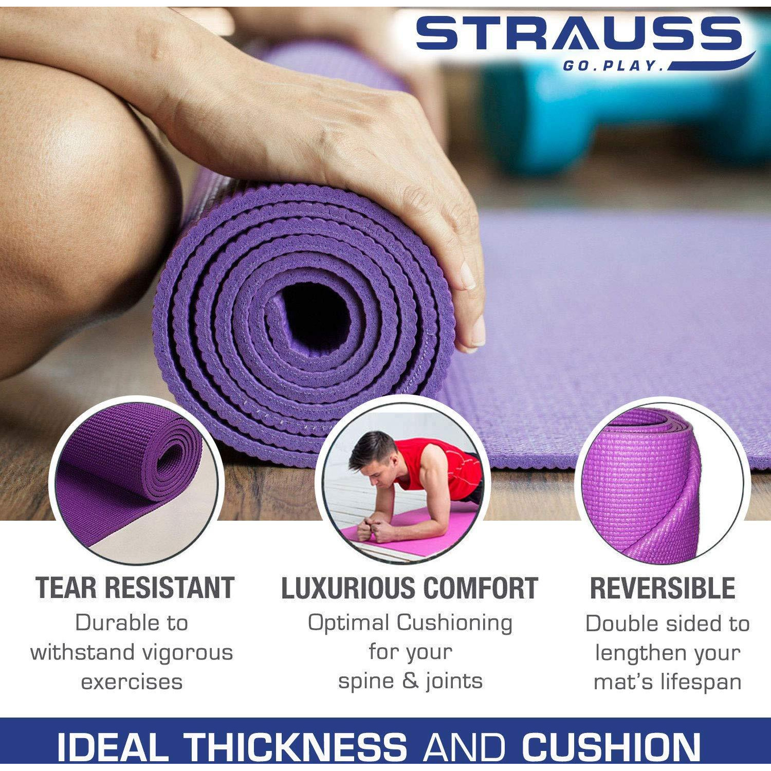 STRAUSS Yoga Mat with Carry Bag | Anti-Slip Exercise Mat for Women & Men | Home Gym Workout, Yoga, Pilates | Eco-friendly | Non-Slip Surface | Lightweight & Durable | 4mm (Purple)