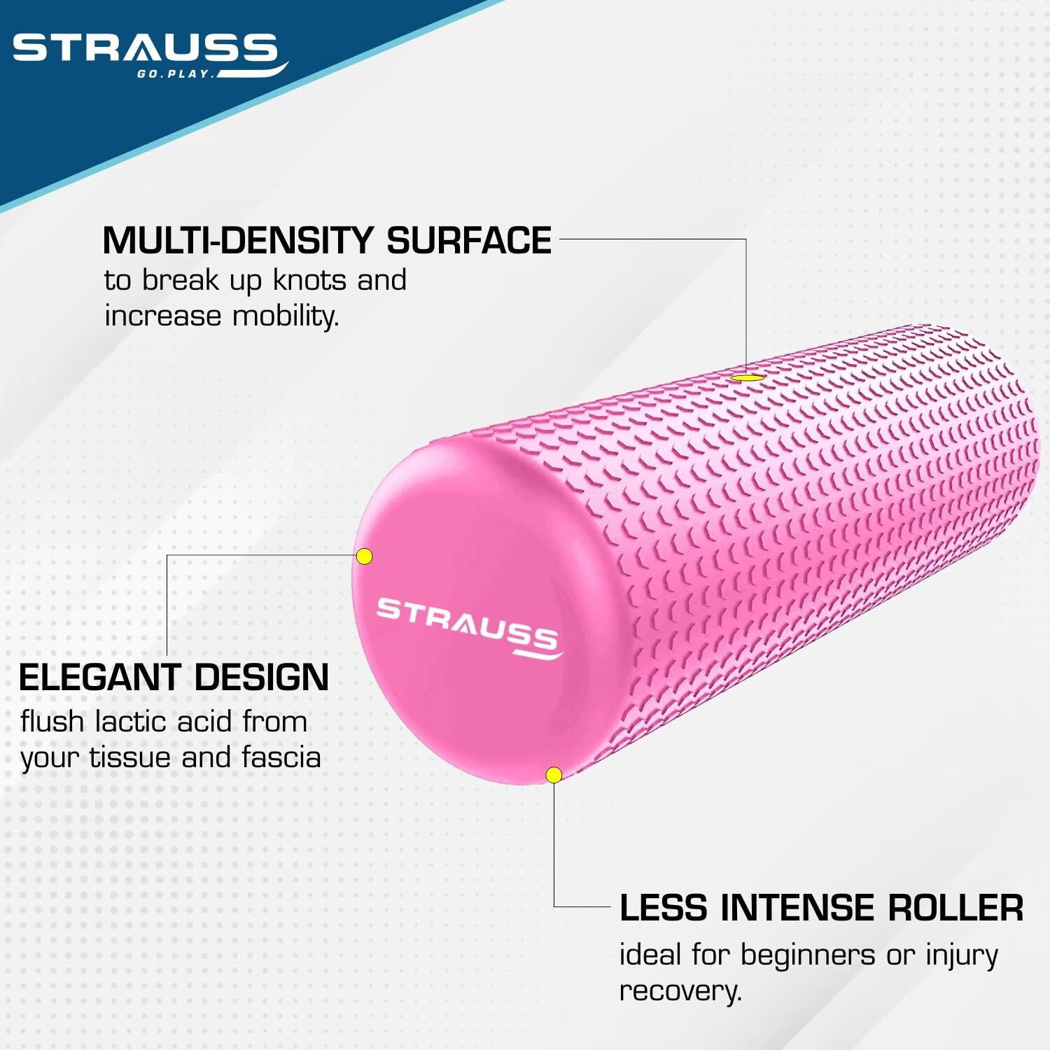 Strauss Yoga Foam Roller | Deep Tissue Massage Roller for Knee Exercise, Muscles Recovery & Physiotherapy | Home Gym Fitness Equipment for Full Body Relaxation and Flexibility | 30cm,(Pink)