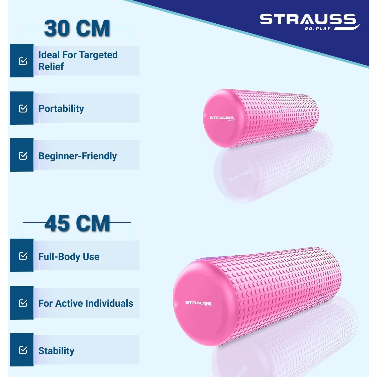 Strauss Yoga Foam Roller | Deep Tissue Massage Roller for Knee Exercise, Muscles Recovery & Physiotherapy | Home Gym Fitness Equipment for Full Body Relaxation and Flexibility | 30cm,(Pink)