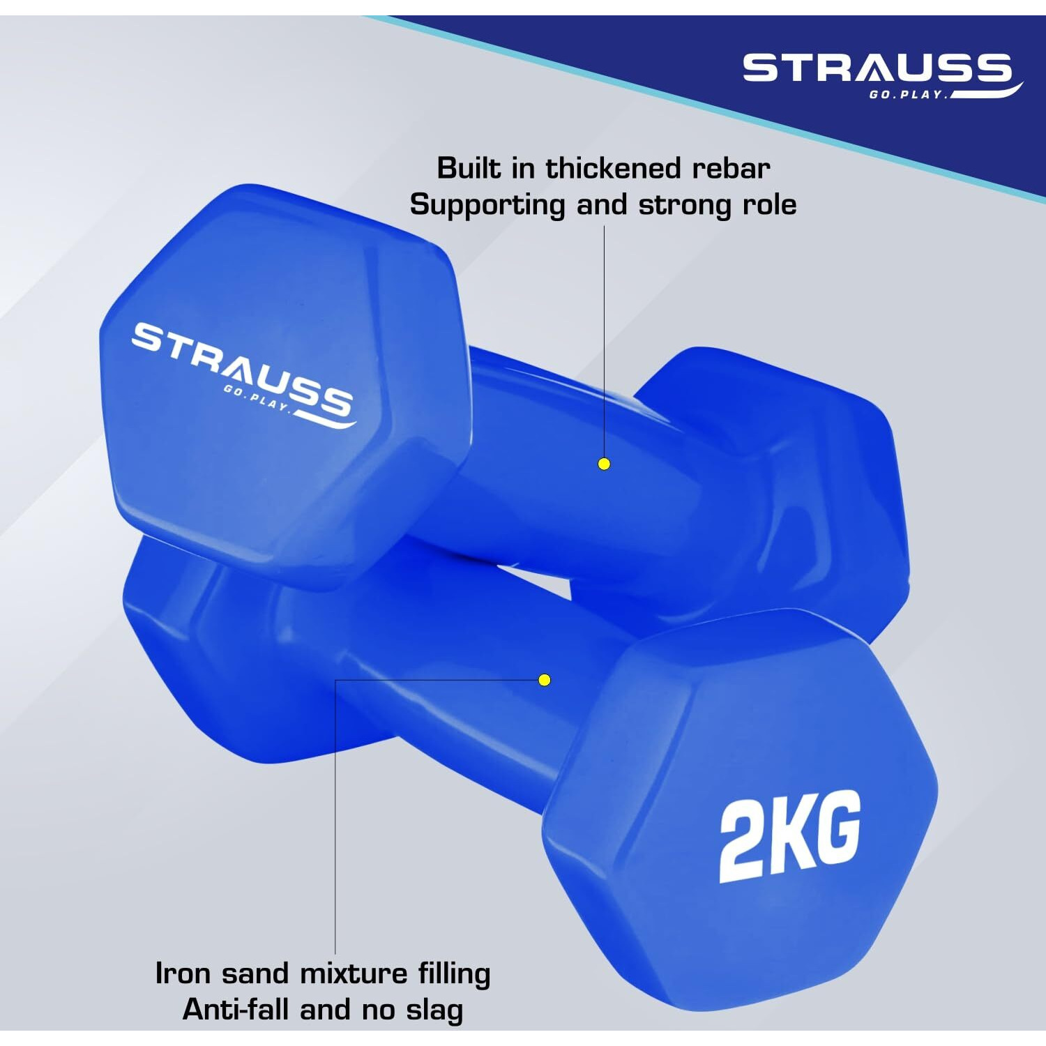 Strauss Vinyl Dumbbell Set for Men & Women |Ideal Home & Gym Workout |Non-Slip Grip, Compact & Portable | Fitness Gym Equipment for Strength Training, Bodybuilding, & Aerobics|2Kg Each,4Kg Pair,(Blue)