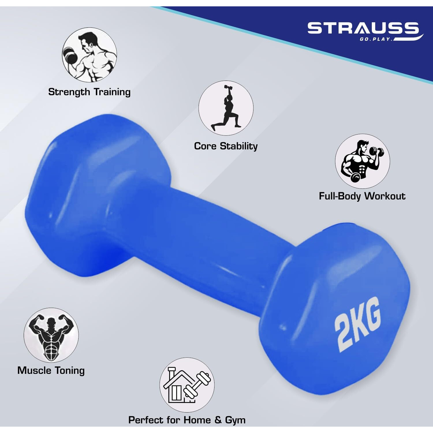 Strauss Vinyl Dumbbell Set for Men & Women |Ideal Home & Gym Workout |Non-Slip Grip, Compact & Portable | Fitness Gym Equipment for Strength Training, Bodybuilding, & Aerobics|2Kg Each,4Kg Pair,(Blue)