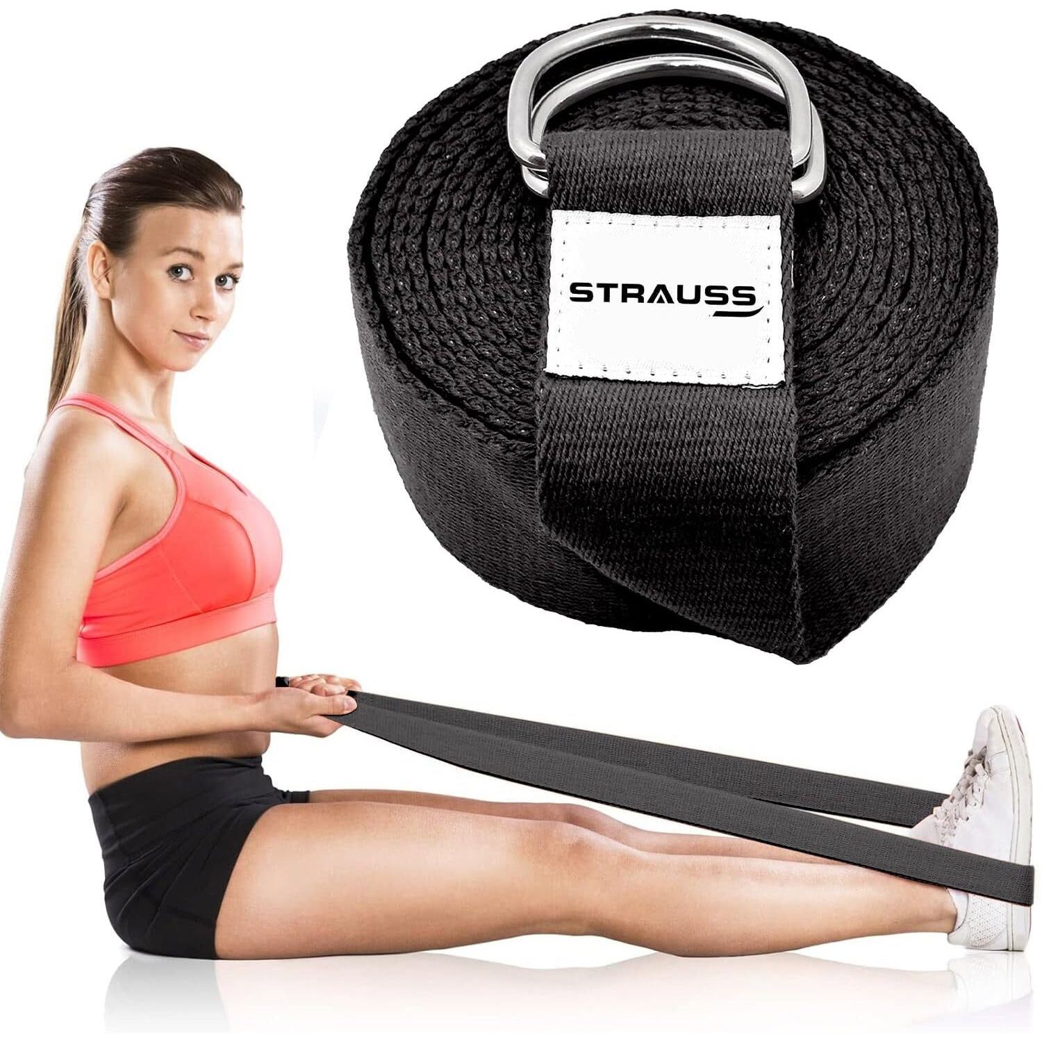 Strauss Yoga Strap & Stretching Belt | Ideal for Yoga, Pilates, Therapy, Dance, Gymnastics & Flexibility | 60% Thicker Belt with Extra Safe Adjustable Metal D-Ring Buckle | Eco-Friendly, 8 feet (Black)