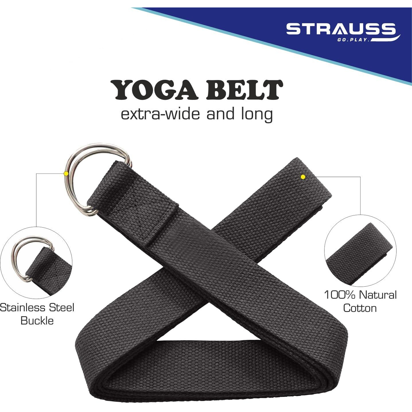 Strauss Yoga Strap & Stretching Belt | Ideal for Yoga, Pilates, Therapy, Dance, Gymnastics & Flexibility | 60% Thicker Belt with Extra Safe Adjustable Metal D-Ring Buckle | Eco-Friendly, 8 feet (Black)