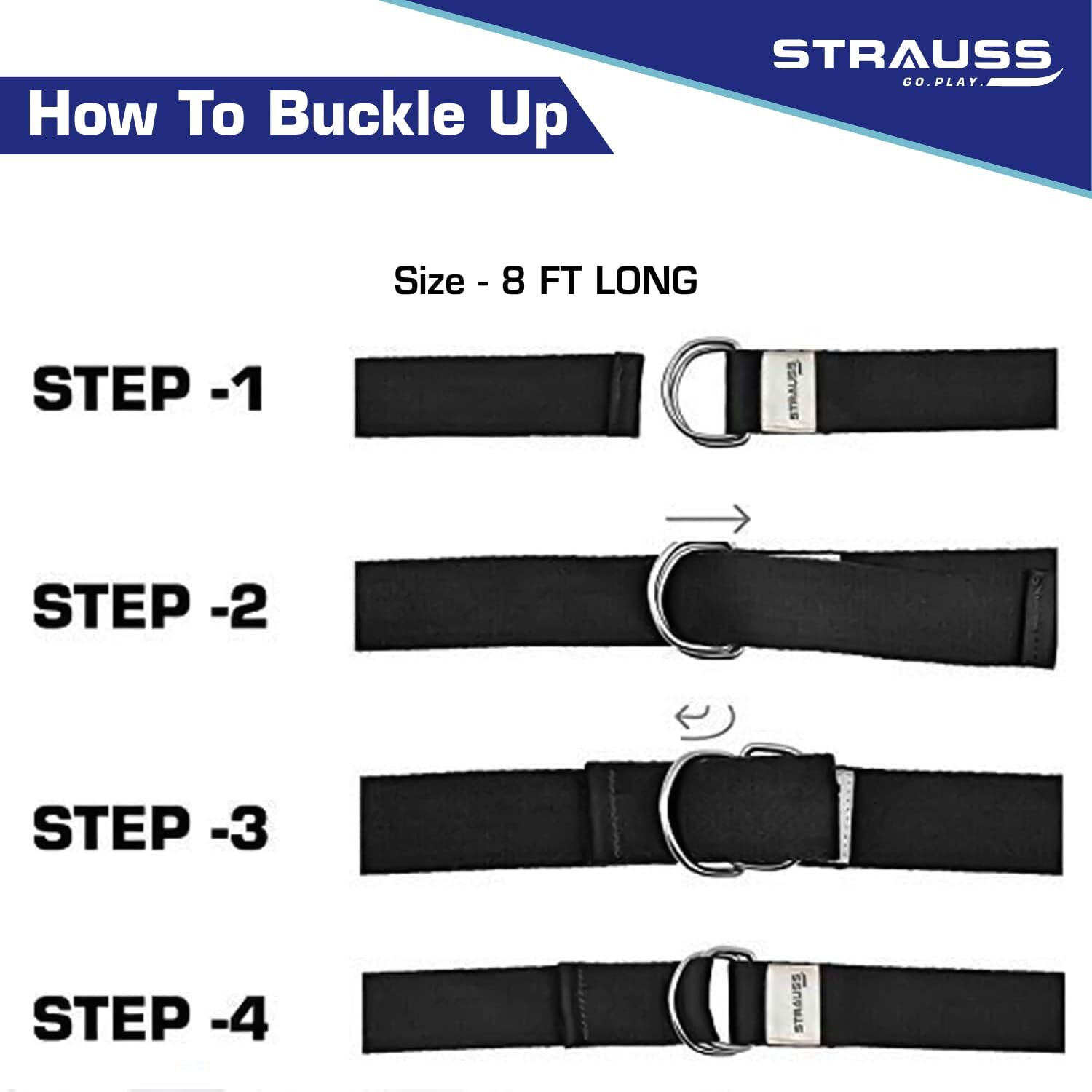 Strauss Yoga Strap & Stretching Belt | Ideal for Yoga, Pilates, Therapy, Dance, Gymnastics & Flexibility | 60% Thicker Belt with Extra Safe Adjustable Metal D-Ring Buckle | Eco-Friendly, 8 feet (Black)