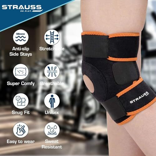 STRAUSS Adjustable Knee Support Patella | Compression Knee Brace for Men and Women, Breathable Material for Gym, Fitness, Basketball, Injury Recovery, Running, Sports| Single,(Black Orange)