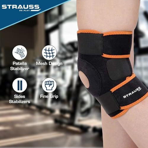 STRAUSS Adjustable Knee Support Patella | Compression Knee Brace for Men and Women, Breathable Material for Gym, Fitness, Basketball, Injury Recovery, Running, Sports| Single,(Black Orange)